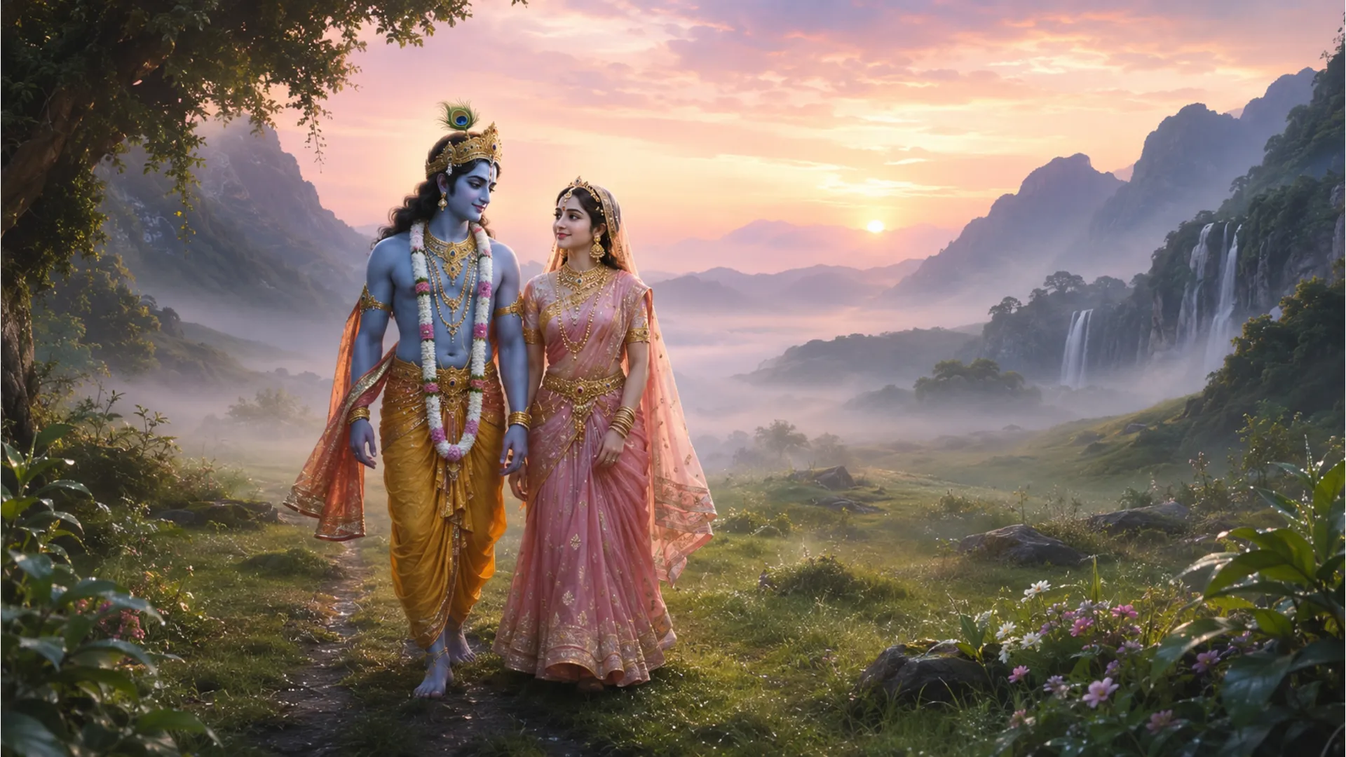Divine couple walking through a green misty valley during a soft pastel sunrise.