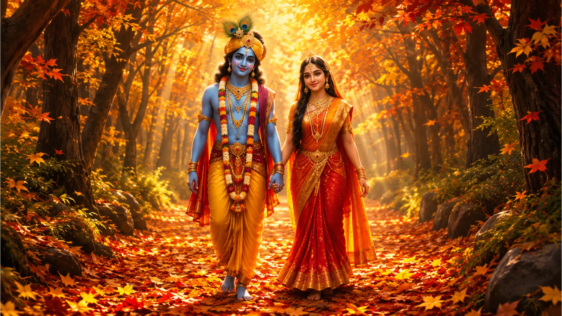 Blue-skinned figure and traditional woman walking on a path covered in golden and red autumn leaves.