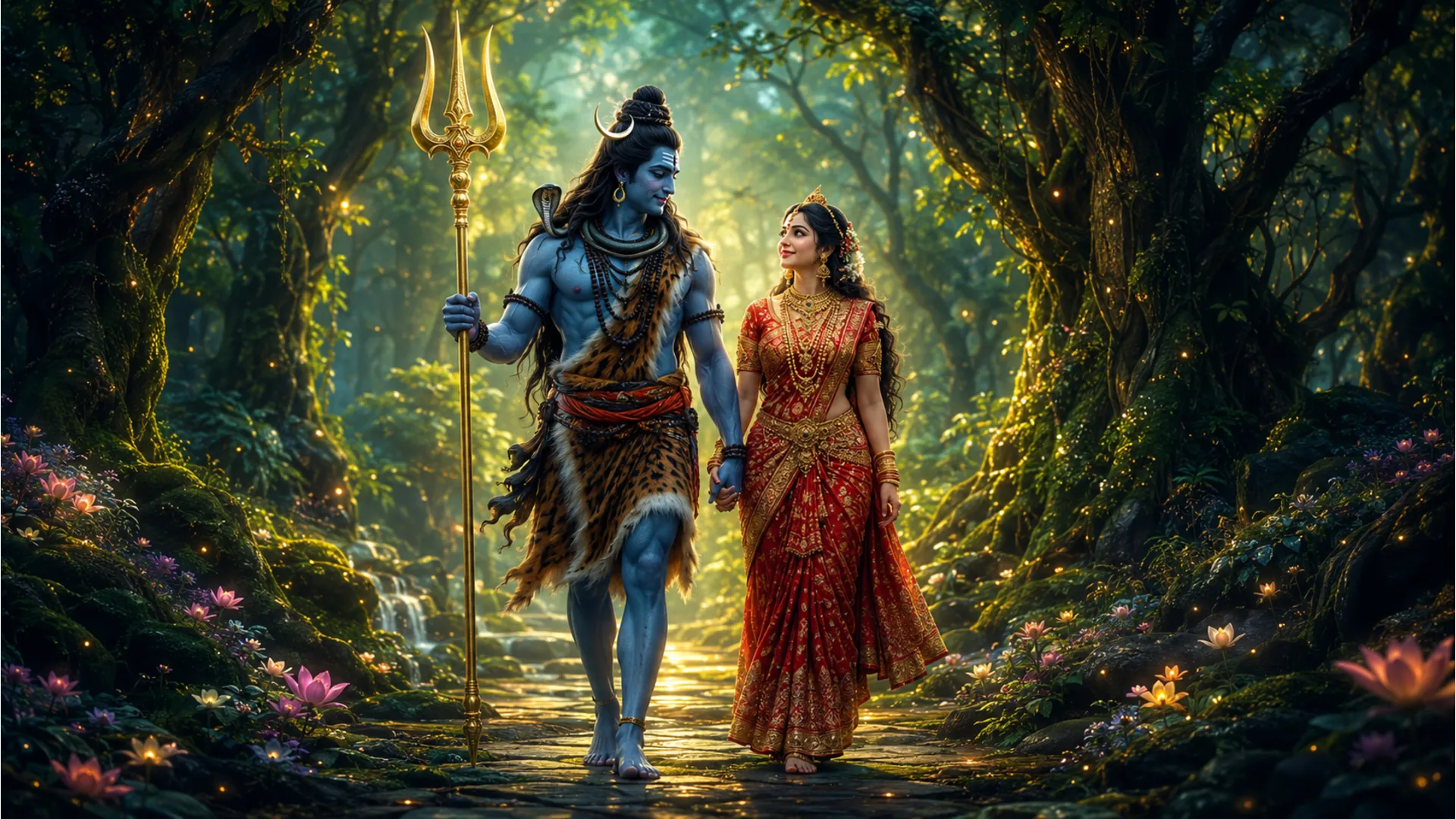 Blue-skinned male figure holding a trident walking hand in hand with a traditionally dressed woman in a glowing mystical forest.