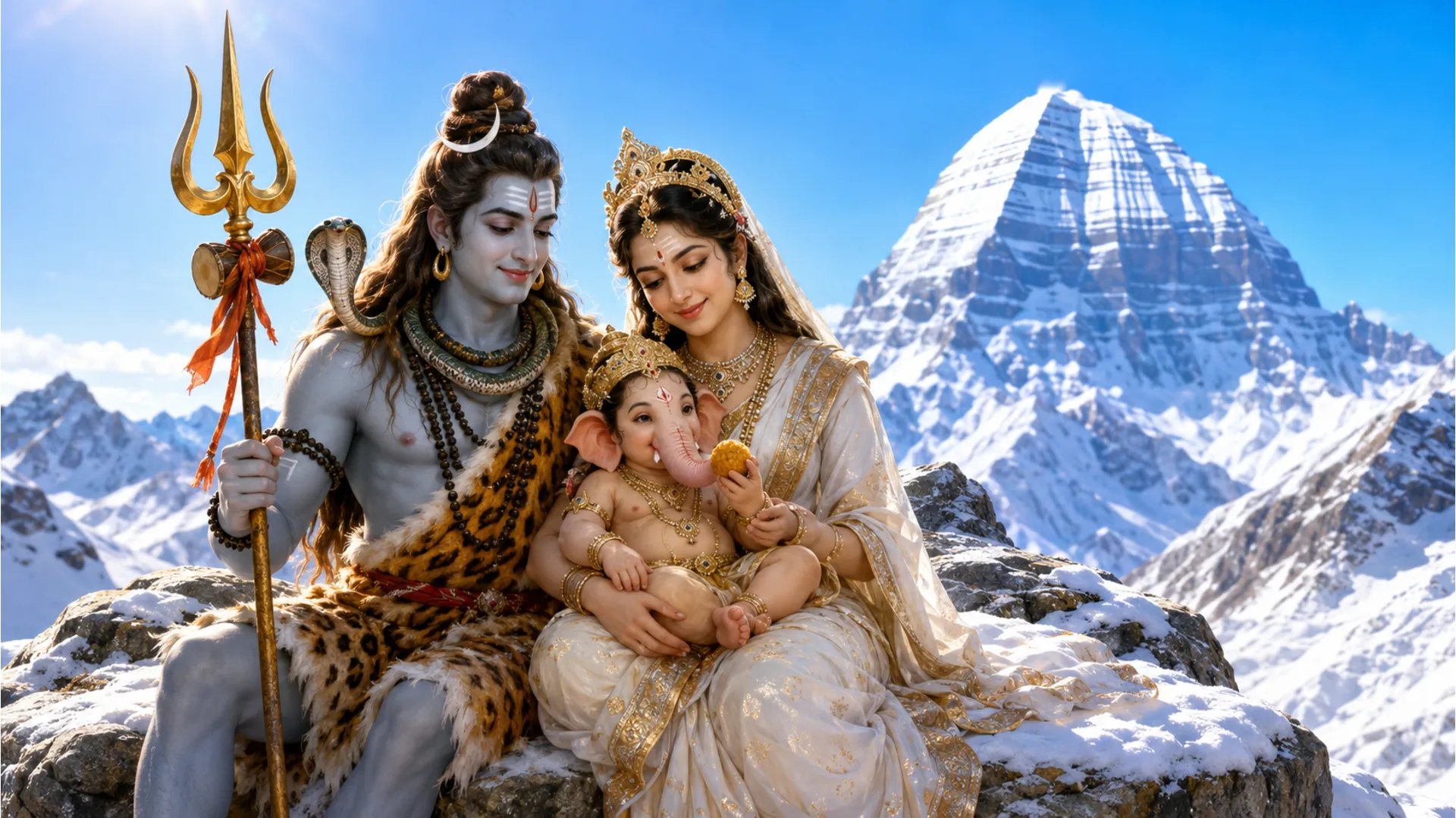 Lord Shiva, Goddess Parvati, and young Lord Ganesha sitting together on a snowy rock in Mount Kailash.