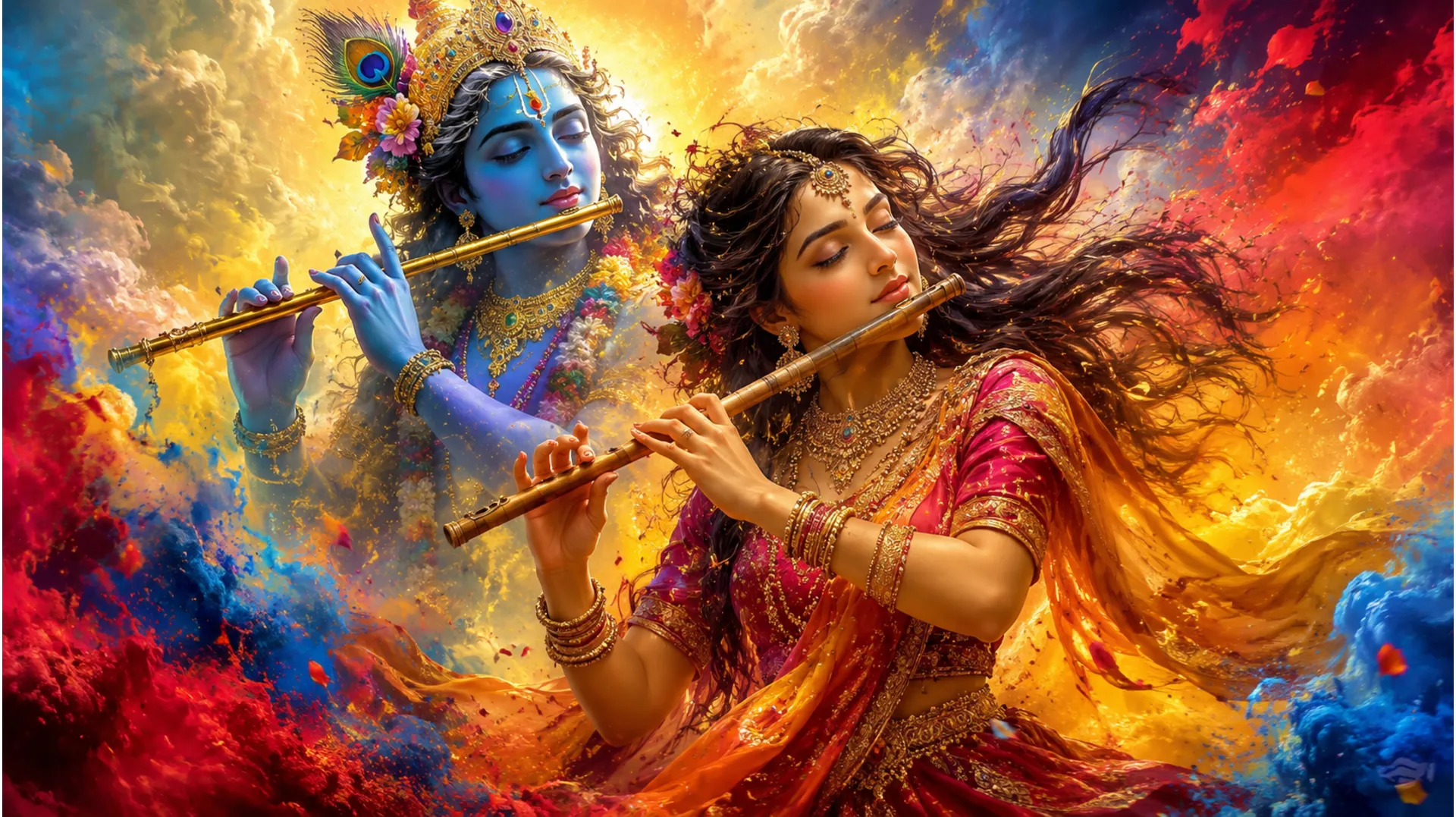 Blue-skinned divine figure and a woman in traditional attire playing flutes amidst vibrant color clouds.