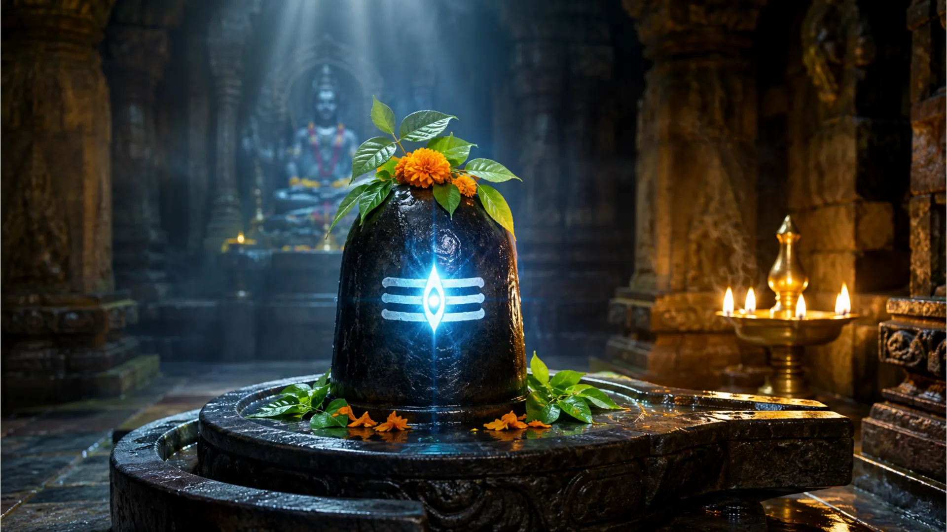 A sacred Shiva Lingam glowing with divine light and offered Bael leaves, Har Har Mahadev photo download MP3.