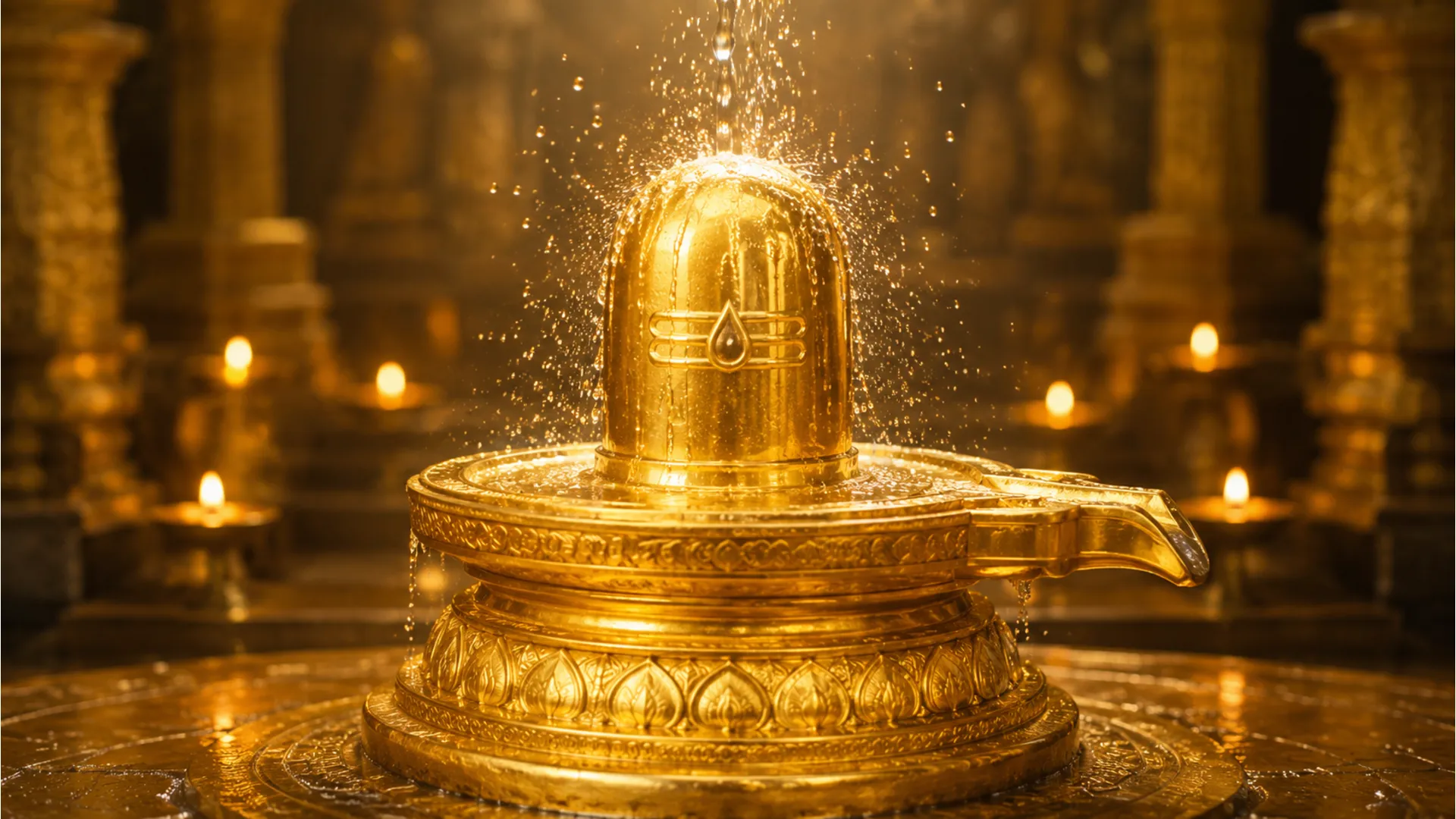 A sacred golden Shiva Lingam photo decorated with spiritual light.