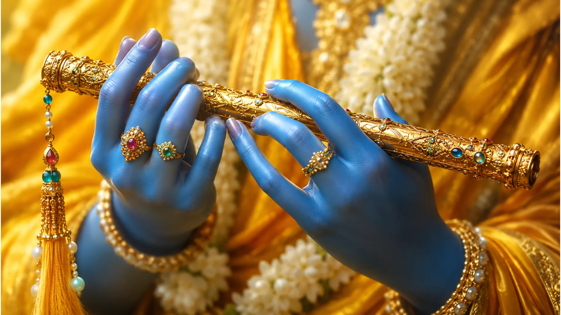 Detailed close-up artwork of divine hands playing a beautifully decorated golden flute.