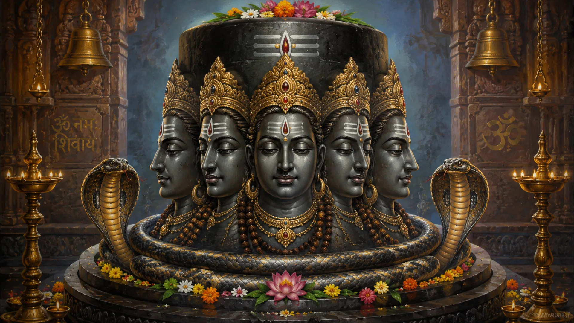 Elaborate traditional painting of a five-faced Panchmukhi Shivling with golden ornaments.