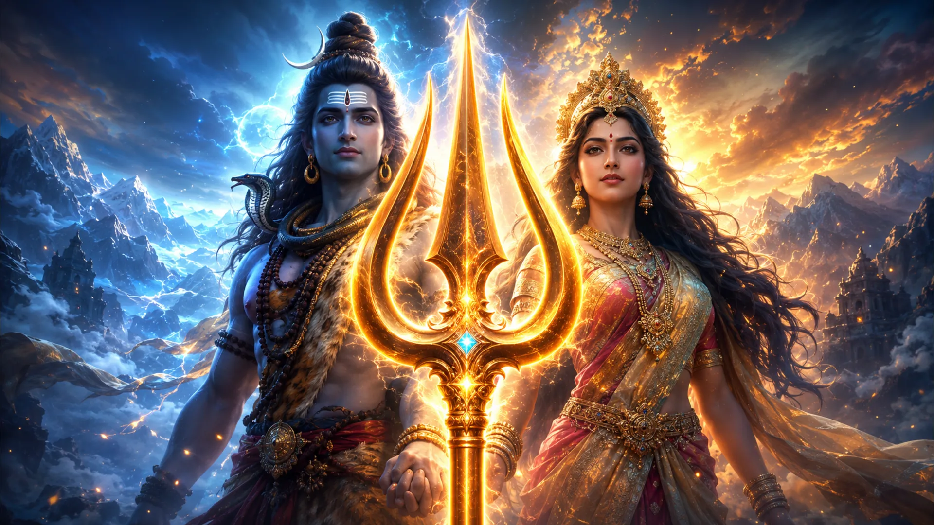 shiva parvati holding hands behind a protective glowing trishul symbol of safety and love