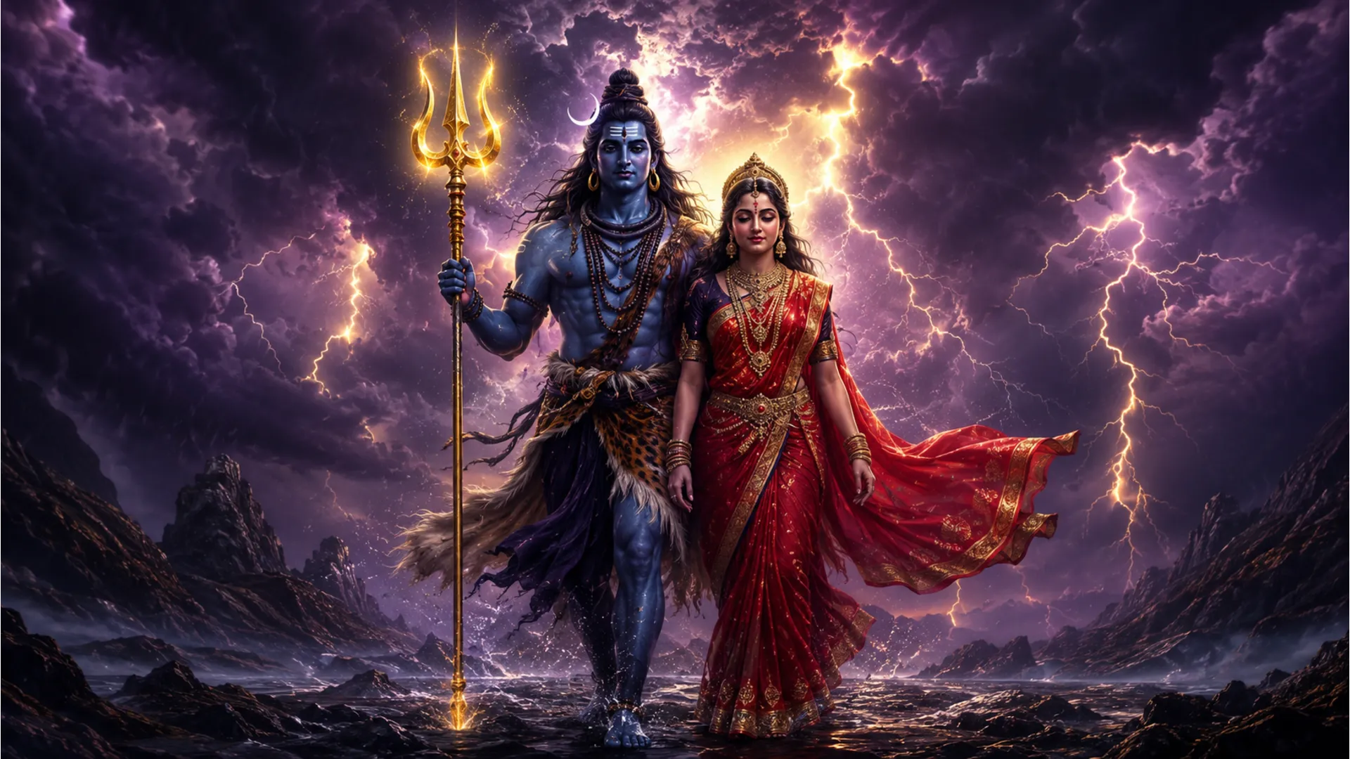 Divine couple standing and walking calmly against a dark backdrop of storm clouds and lightning.