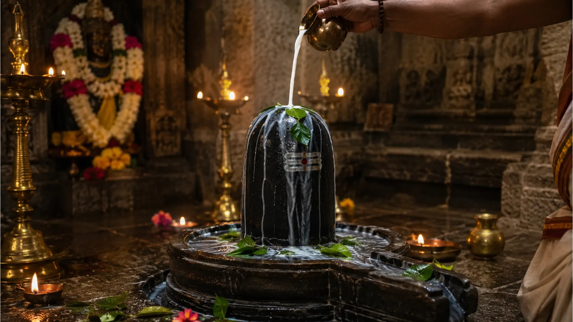 Har Har Mahadev photo in HD showing sacred Shiva Lingam abhishek.