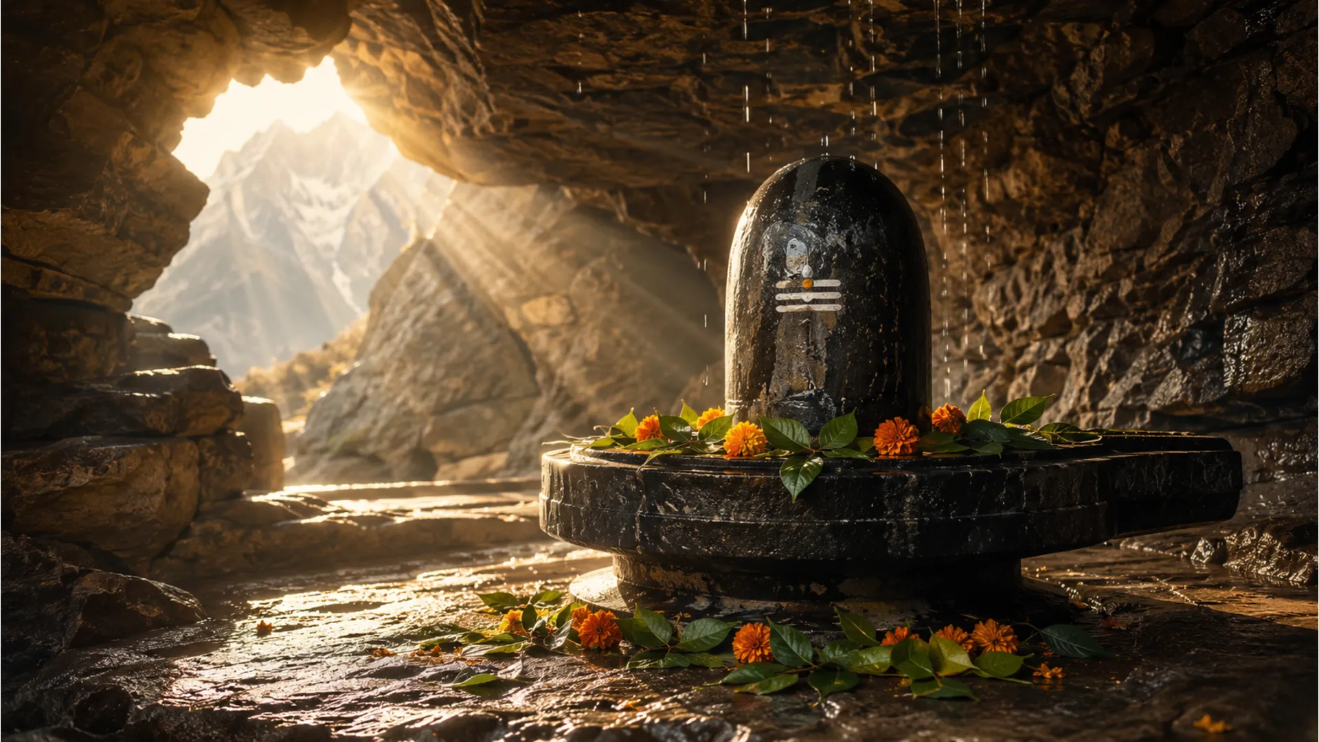 A sacred Shiva Lingam made of ice and stone located in a glowing Himalayan cave.