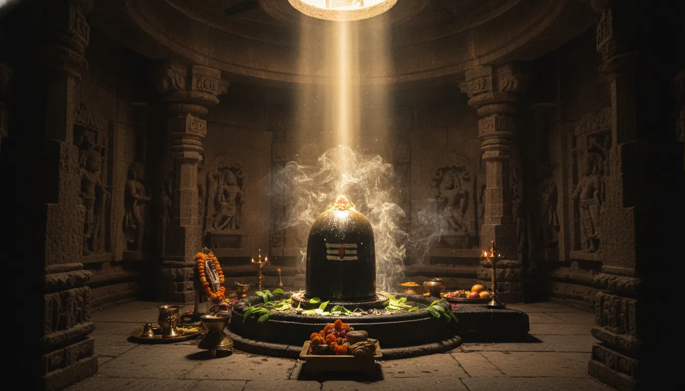 A sacred Shiva Lingam inside a stone temple illuminated by a heavenly beam of light.