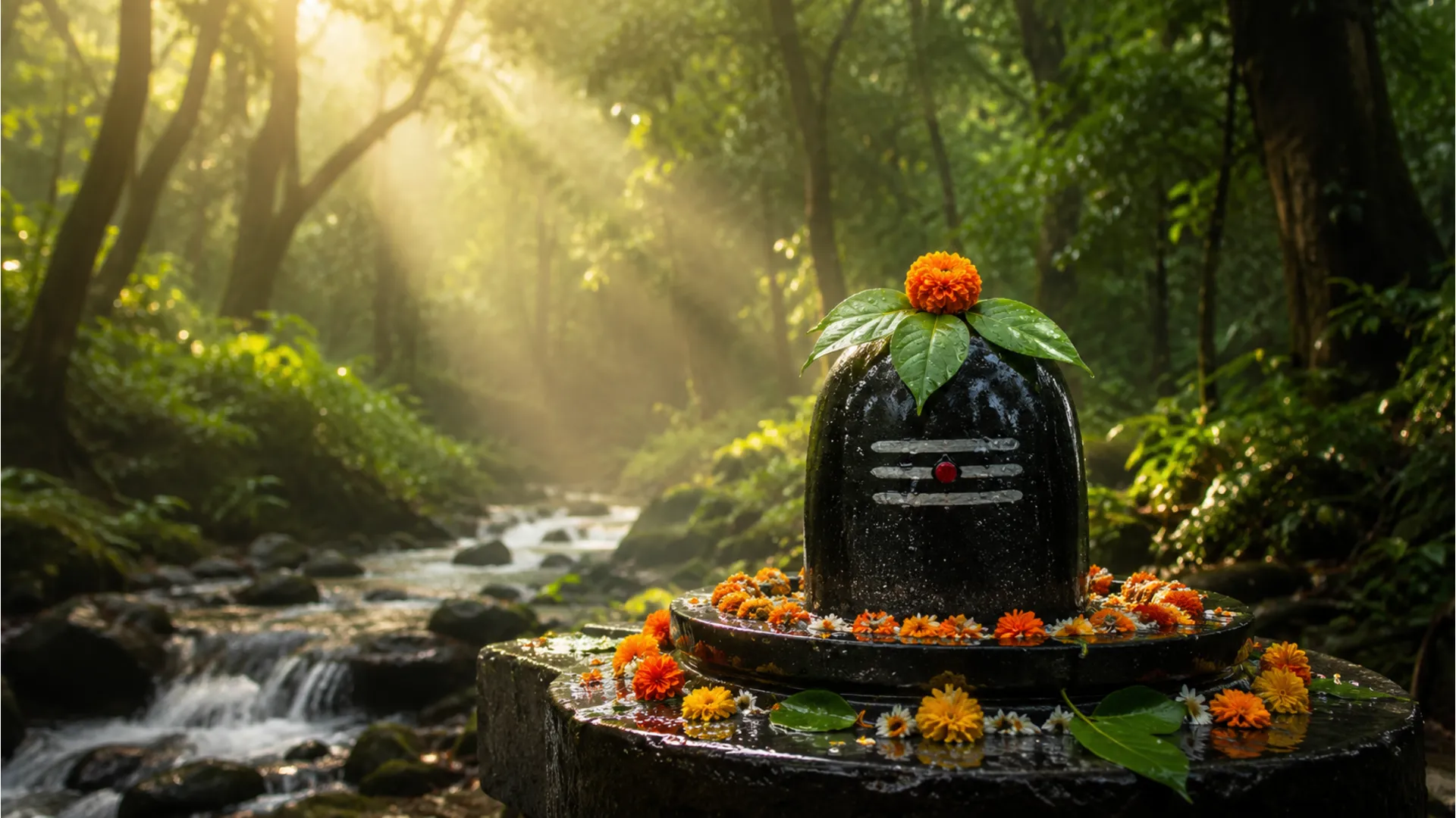 A sacred Shiva Lingam decorated with flowers in a peaceful forest 1080p HD wallpaper.