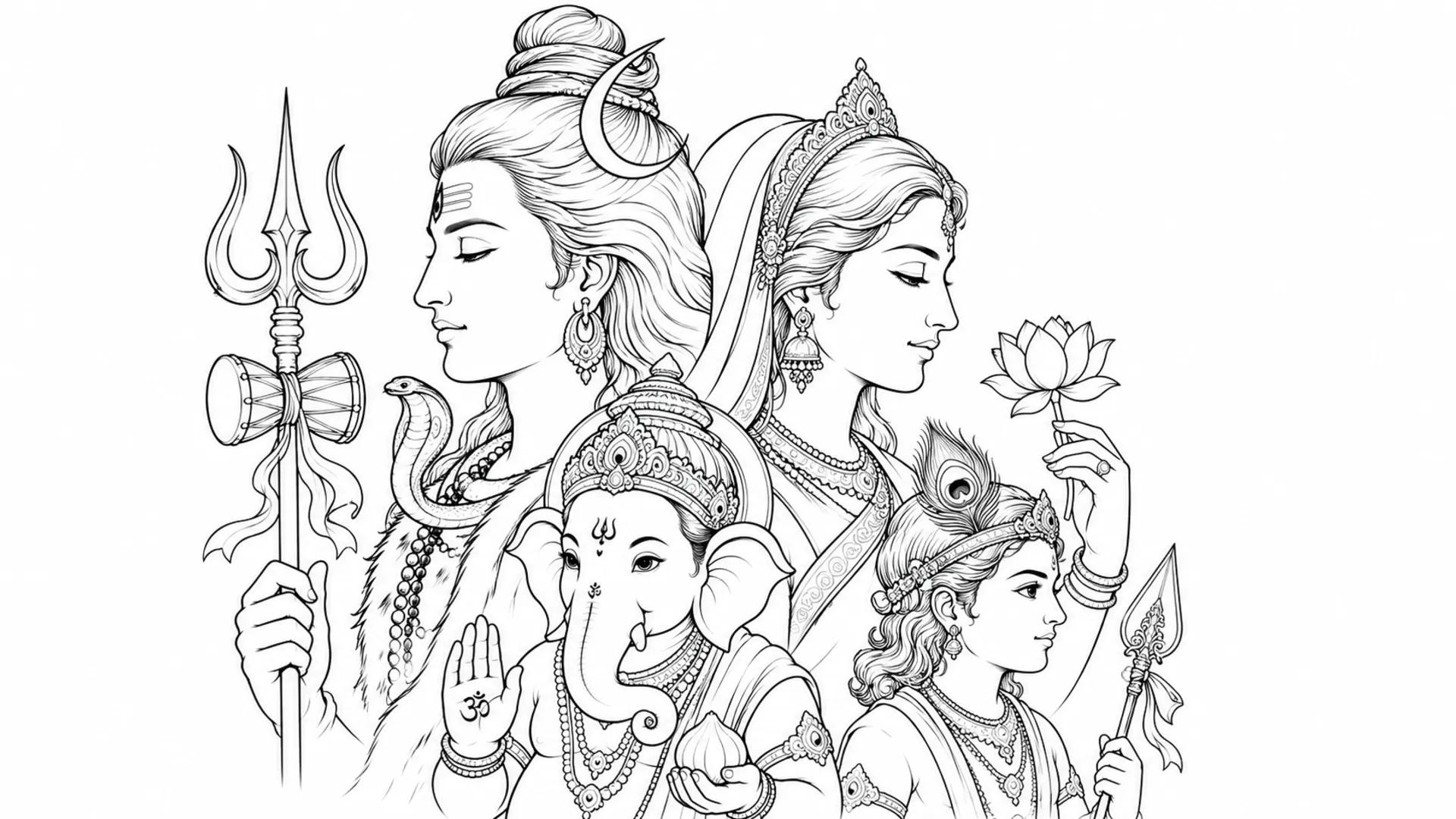 Modern line art drawing featuring the side-view silhouettes of Shiva, Parvati, Ganesha, and Kartikeya against a subtle white background.