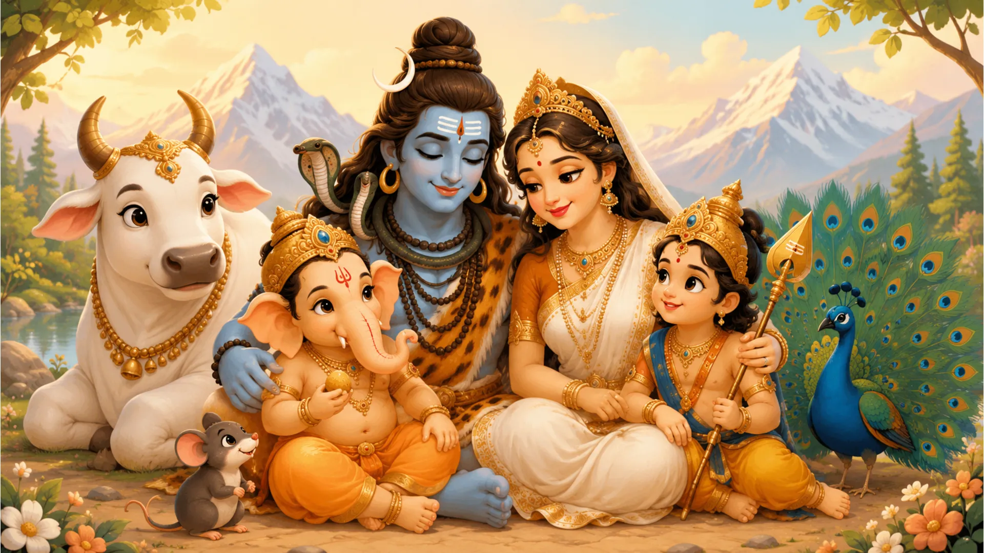 Cute illustration of Shiva Parvati family surrounded by Nandi the bull, a peacock, and a mouse.
