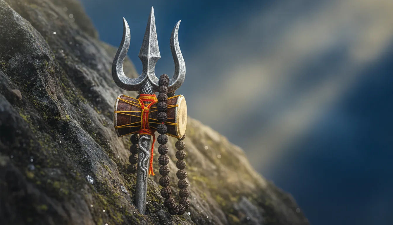 Close-up of Lord Shiva's holy Trishul and Damru with a smoky spiritual background in 4K.