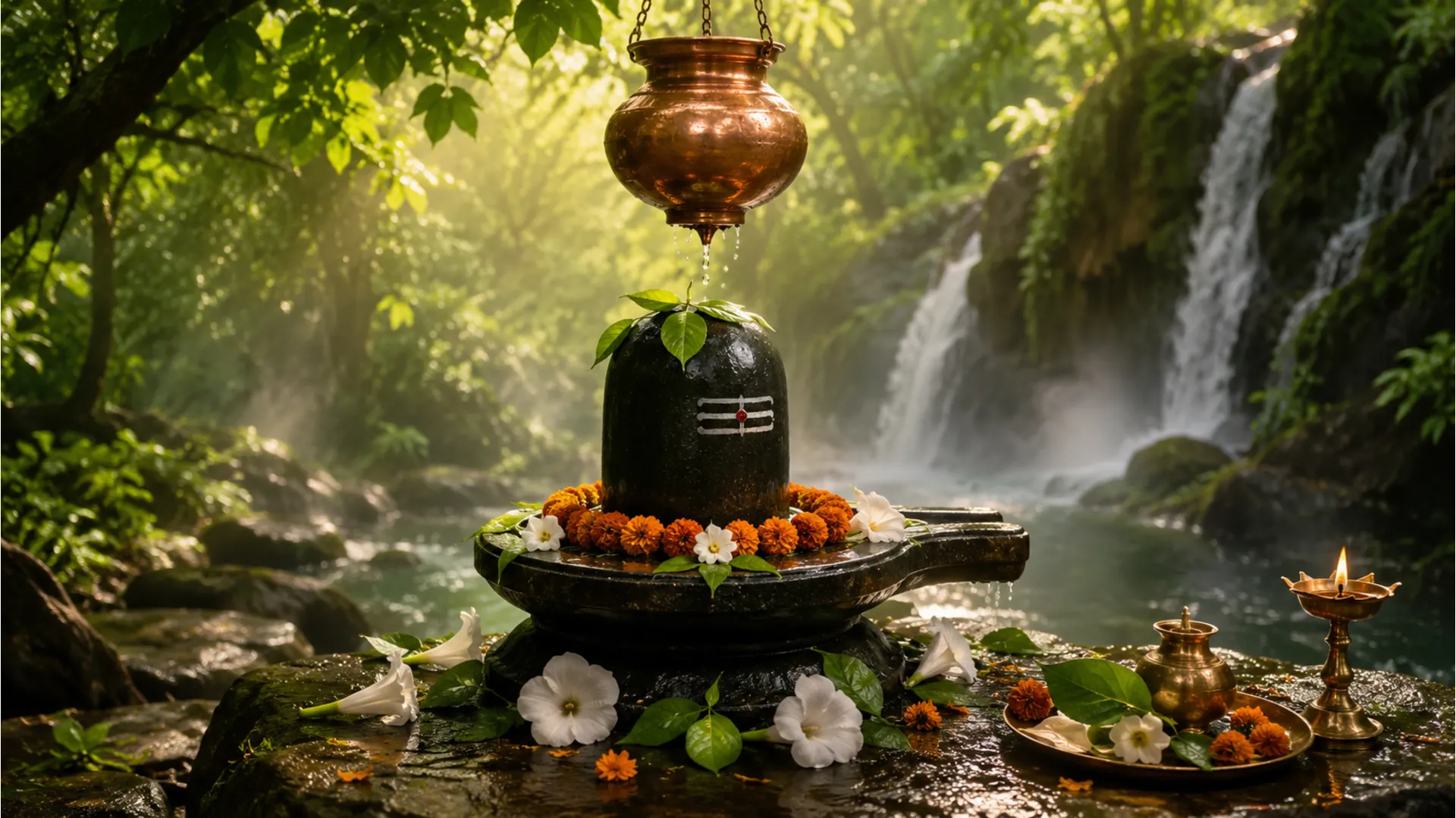 A beautiful sacred Shivling placed in a peaceful forest surrounded by flowers and water.