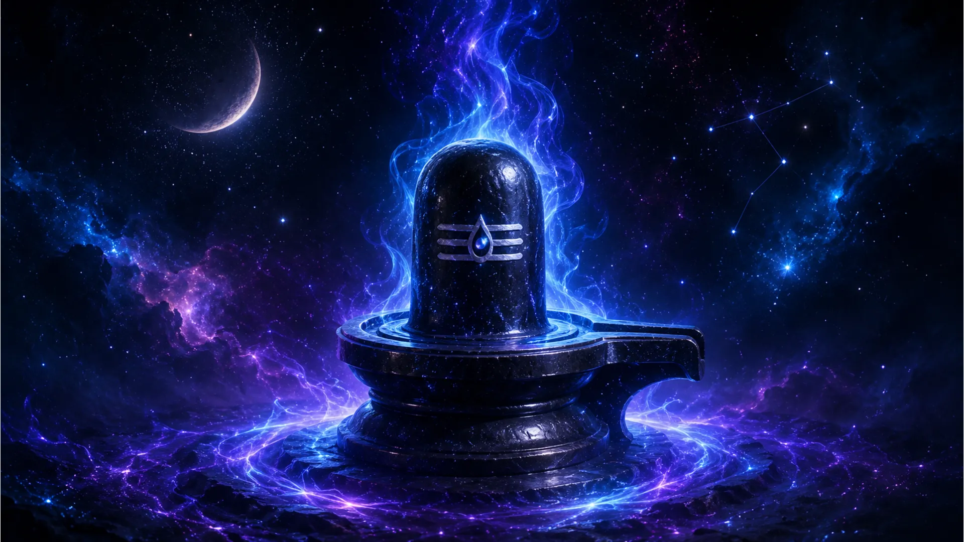 Powerful cosmic Mahadev Shivling image HD with glowing blue energy and stars in the background.