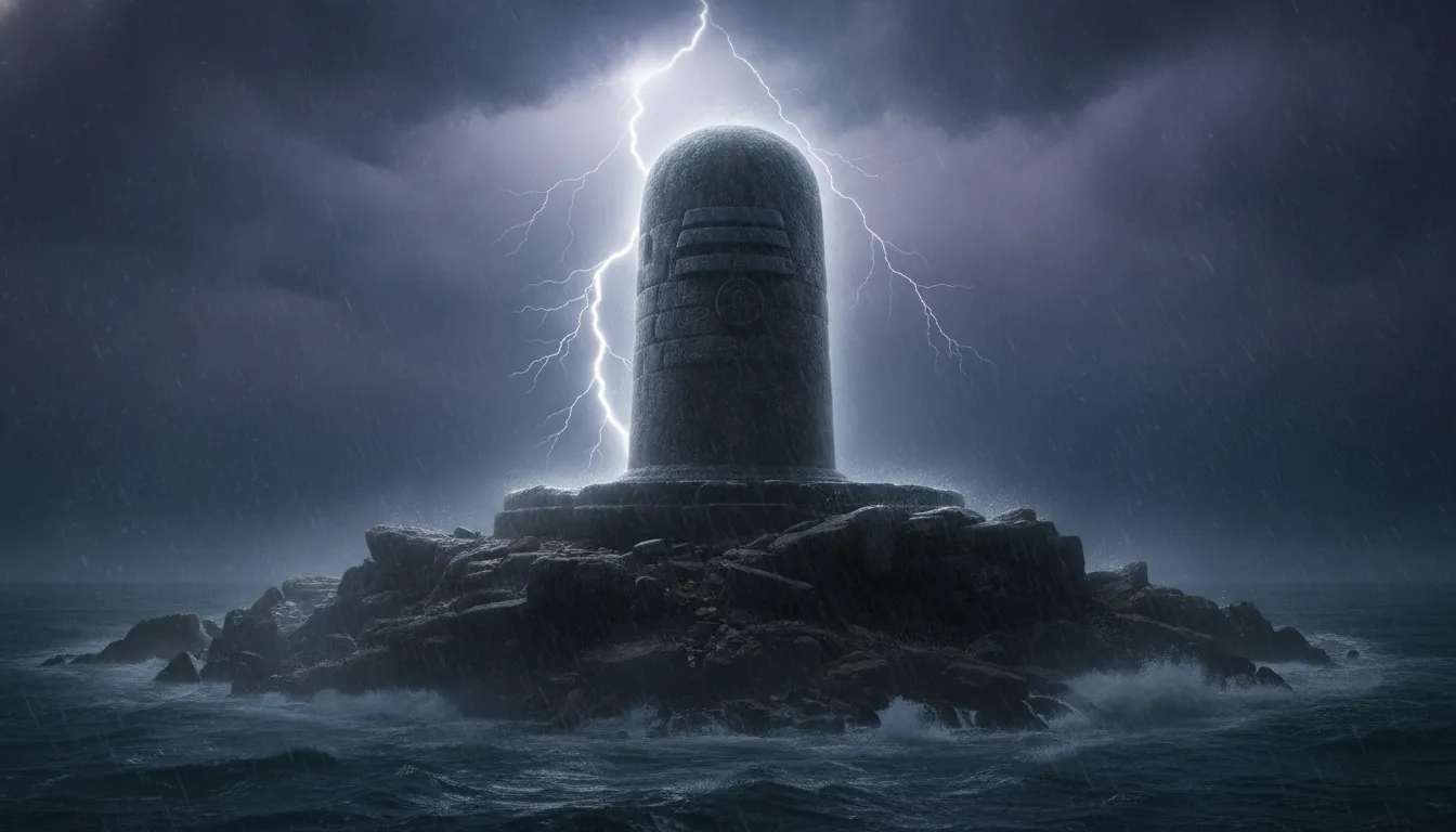 Dramatic thunderstorm with lightning striking behind a massive Bahubali Shivling.