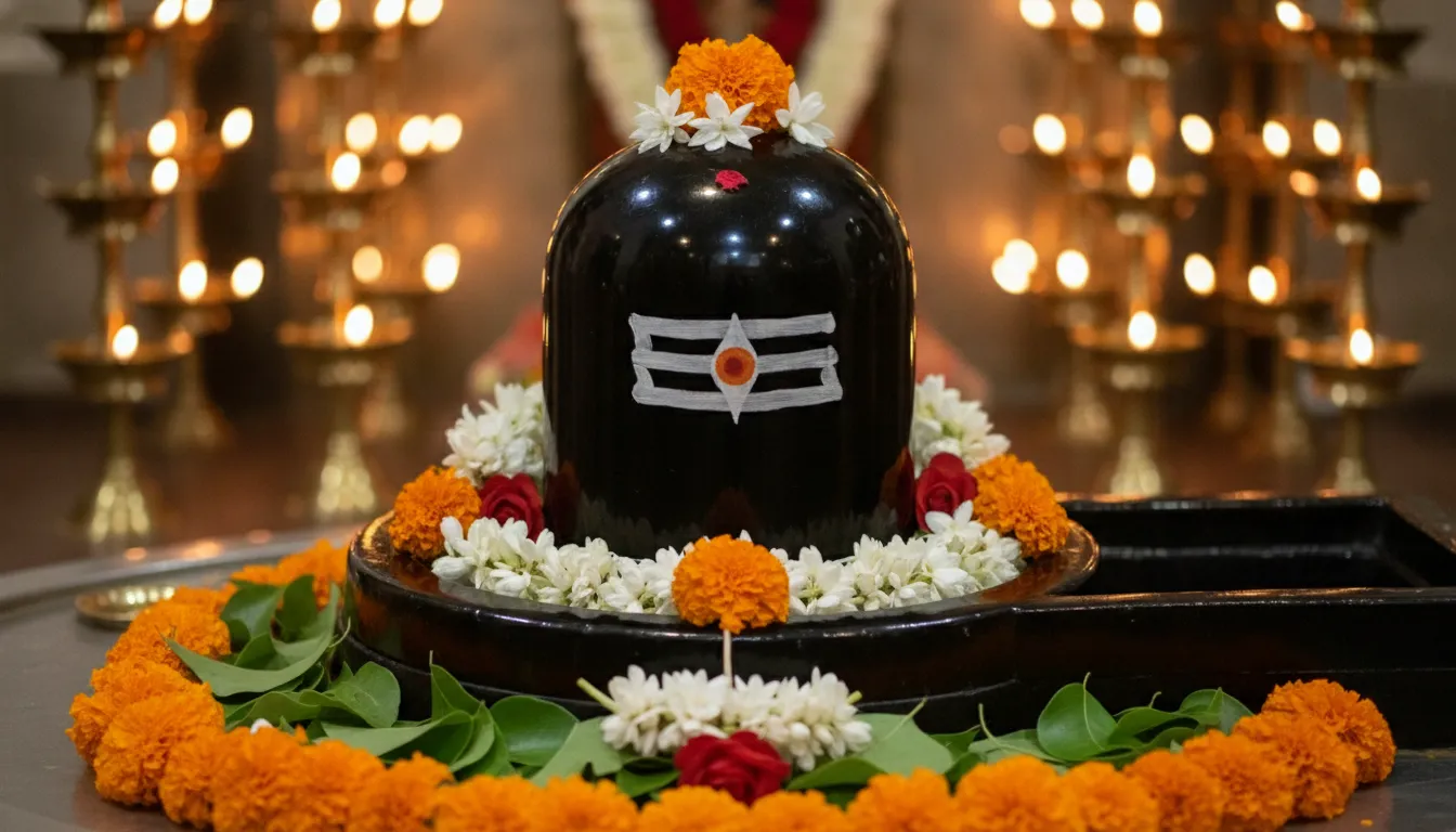 Lord Shiva black stone Mahakaleshwar Shivling decorated with fresh flowers and dynamic temple lighting.