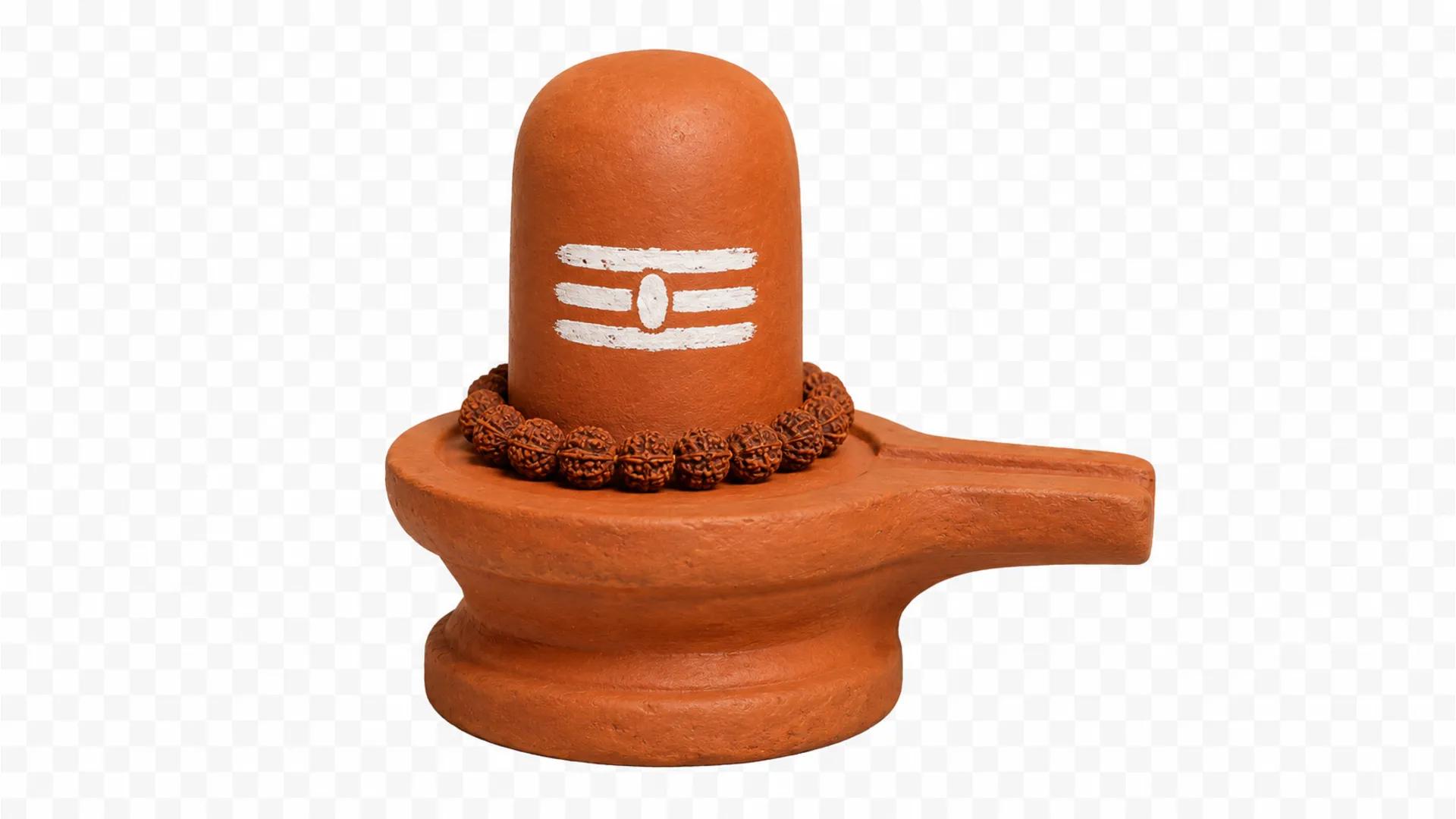 Earthy terracotta clay shivling adorned with a string of natural rudraksha beads, isolated PNG.