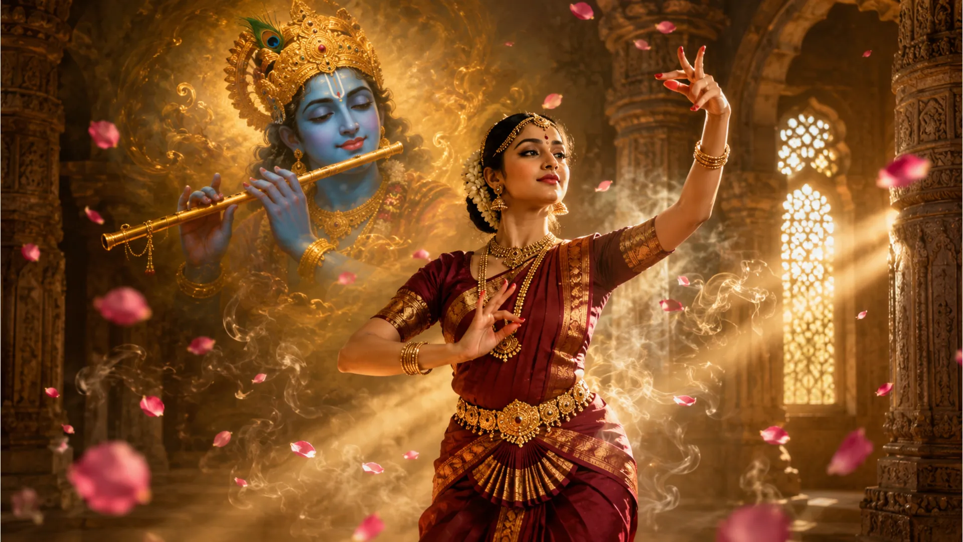 Dancer reacting to divine flute music inside a temple with a stylized blue divine entity in the air.