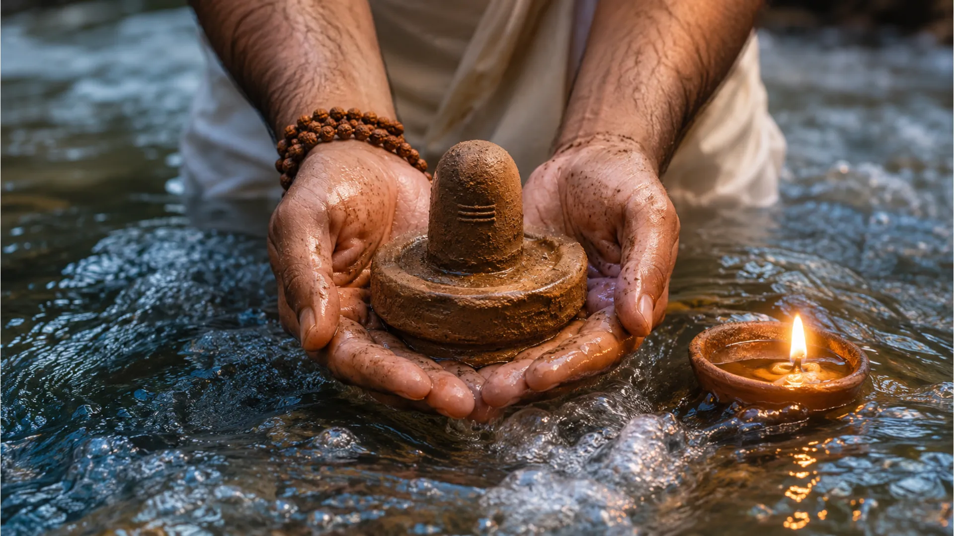 A handcrafted eco friendly clay Shivling resting on earth stained hands with a lit diya nearby