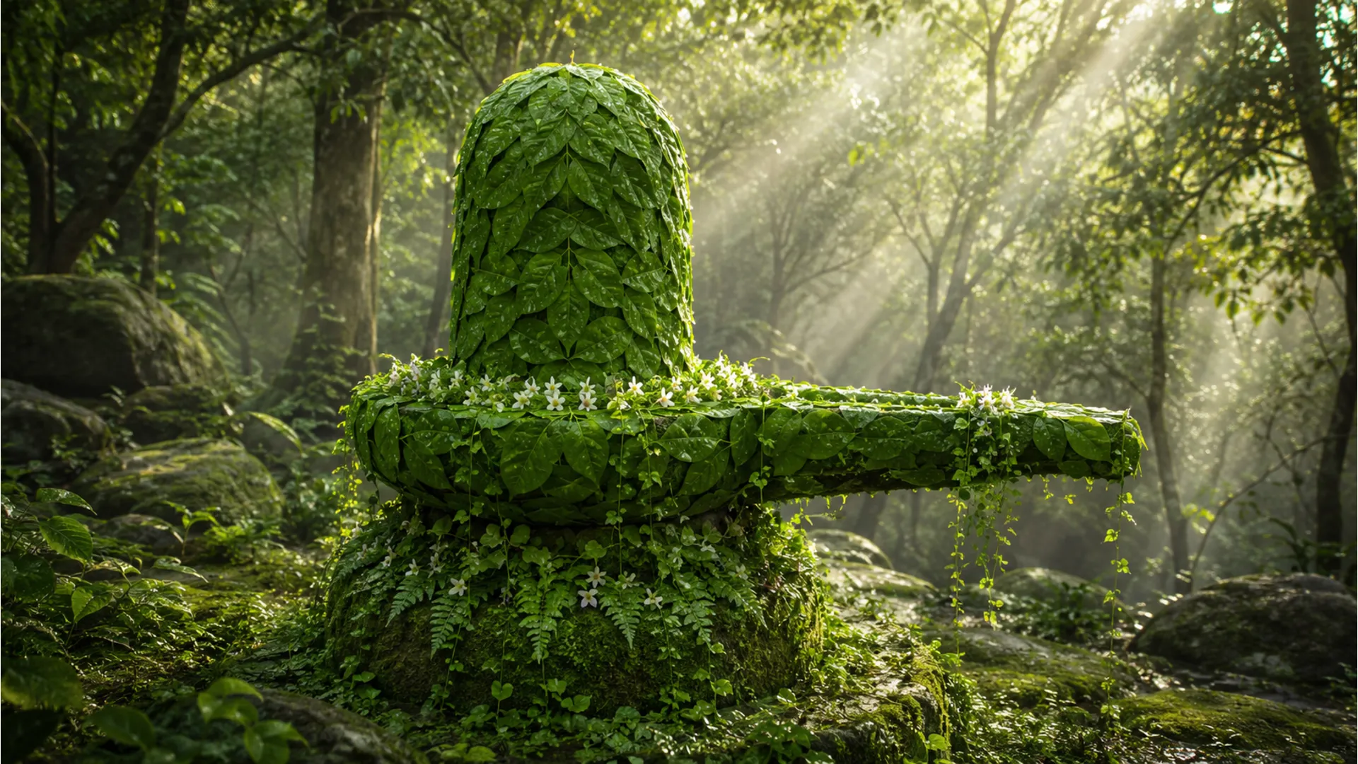 A Shivling completely covered and decorated with green Bel Patra leaves and natural forest vines
