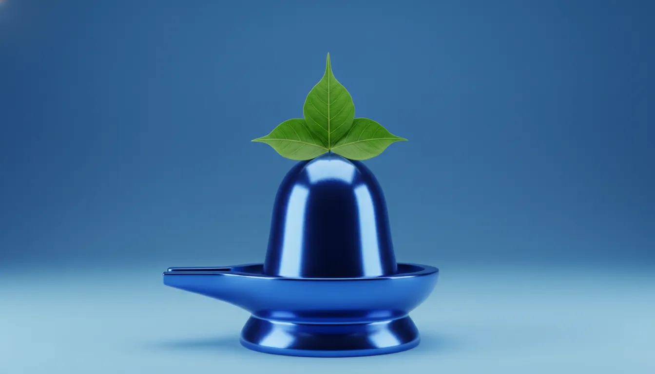 Modern electric blue metallic gloss Shivling images with bili patra foliage.
