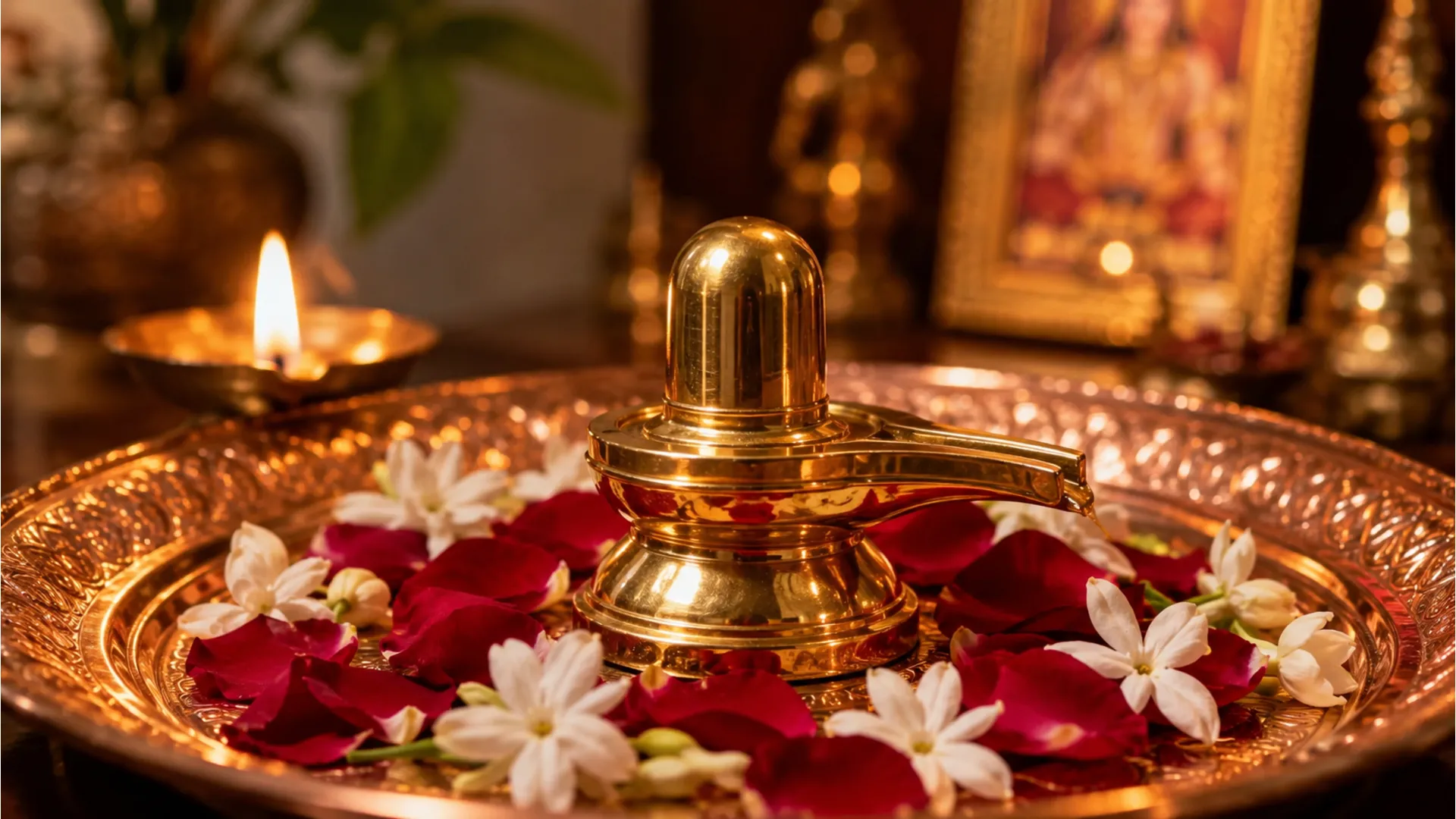 Miniature brass and golden Shivling glowing under soft home temple lighting.