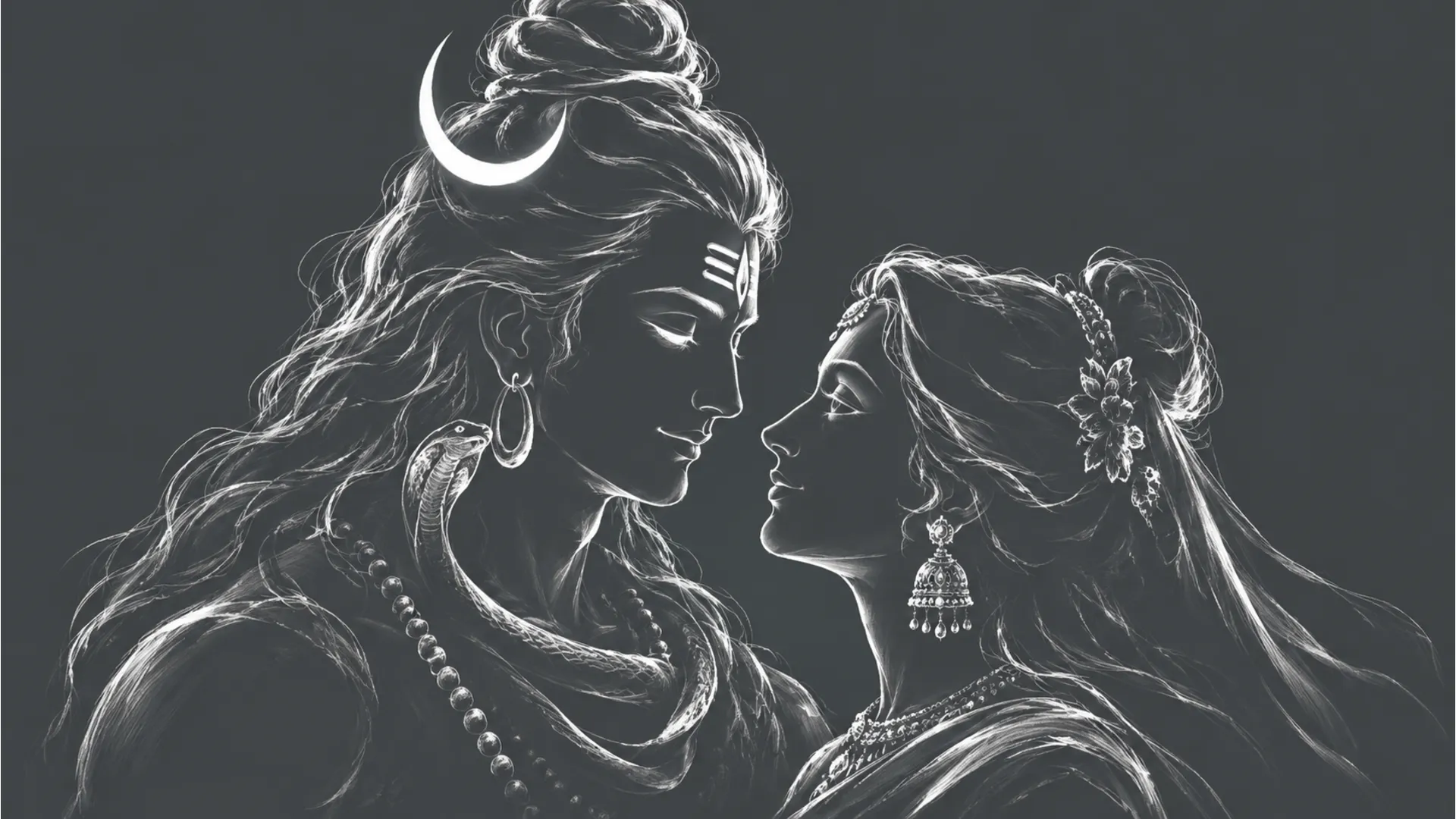 Minimalist continuous outline sketch of Lord Shiva and Goddess Parvati looking at each other on a muted grey canvas.
