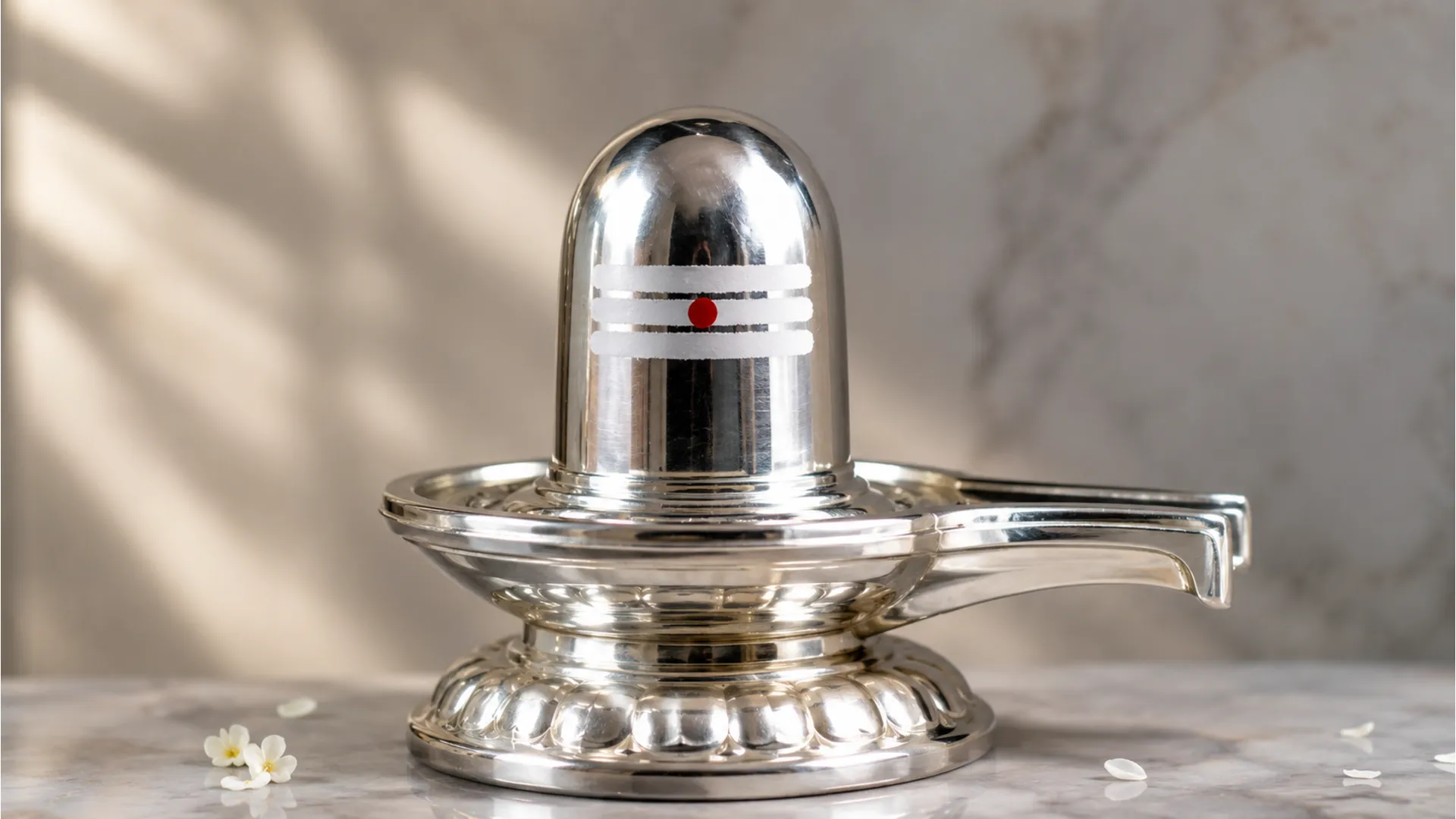An elegant silver shivling featuring a precise white sandalwood paste Tripundra tilak on the front.