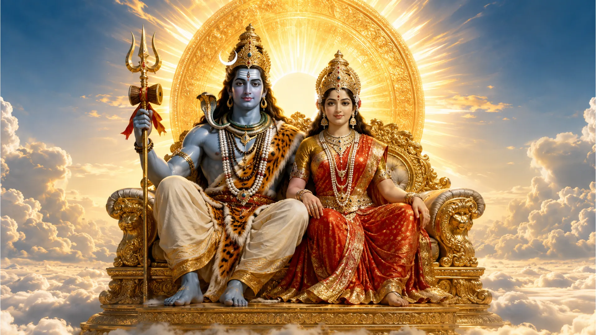 Grand artwork of Shiva and Parvati sitting together on a massive golden throne above the clouds.