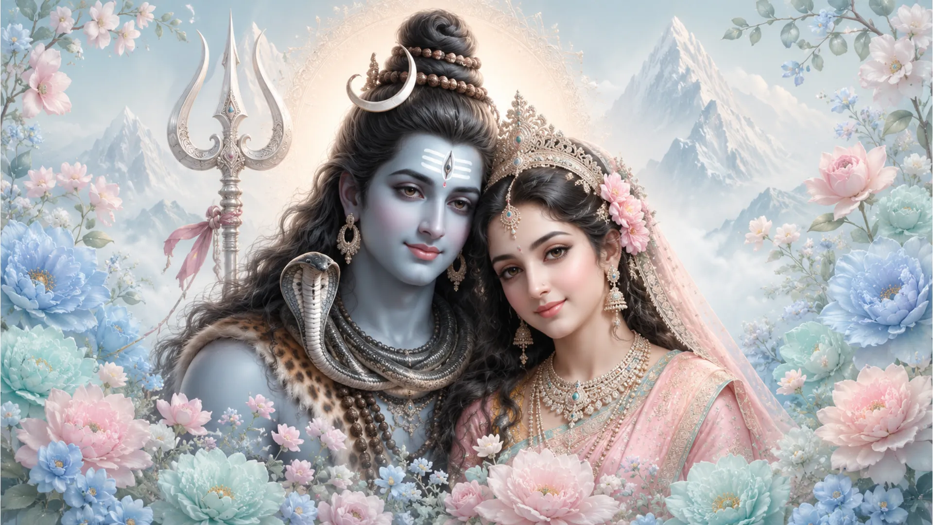 shiva parvati pastel colors elegant floral decoration trishul background