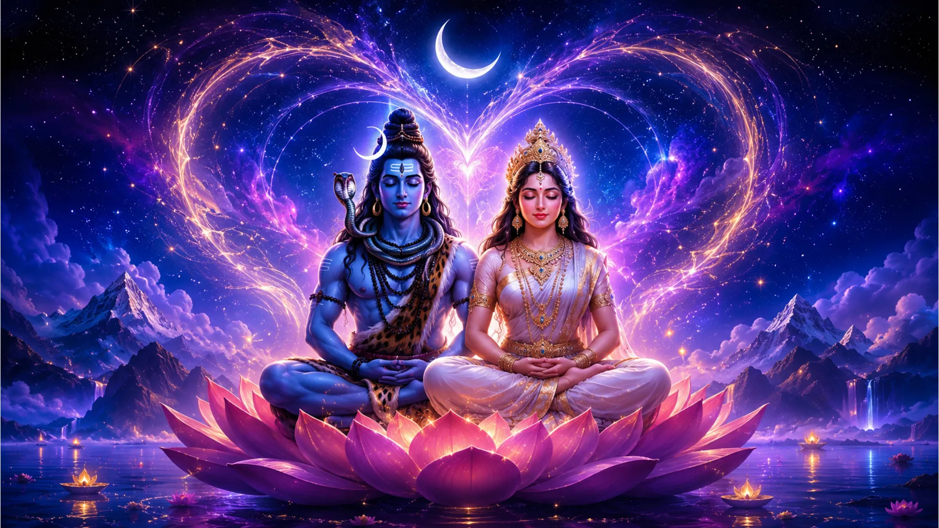 eternal love theme shiva parvati celestial moon meditation artwork