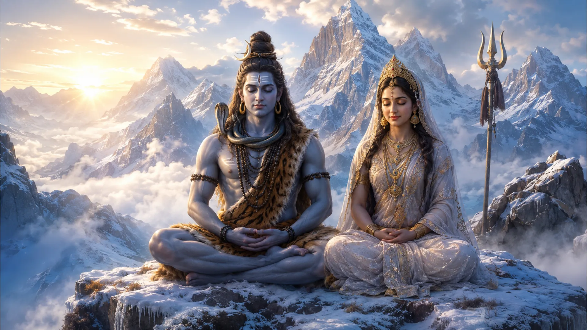 Fine art illustration of meditative Shiva and Parvati sitting on Mount Kailash surrounded by soft mist.