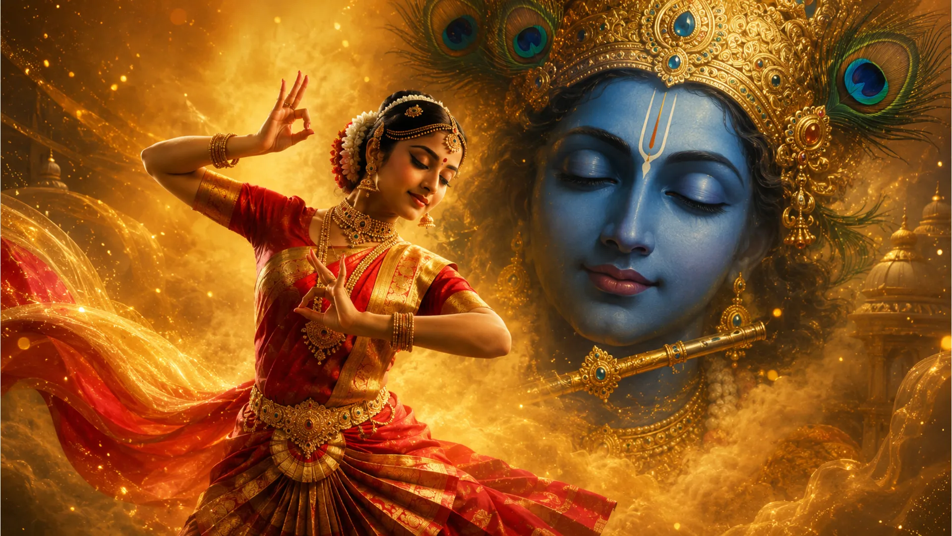 A traditional Indian classical dancer performing in front of a majestic blue Lord Krishna portrait with a jeweled crown.