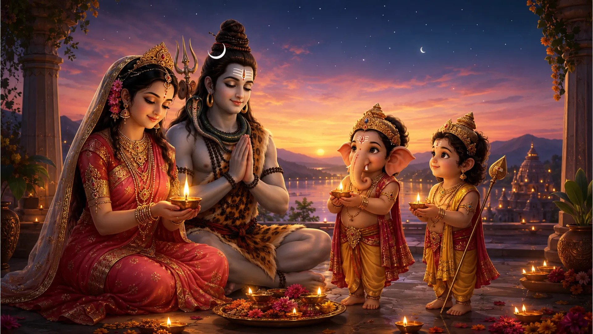 Sweet devotional illustration of Shiva, Parvati, Ganesha, and Kartikeya performing a gentle evening prayer with small lamps.