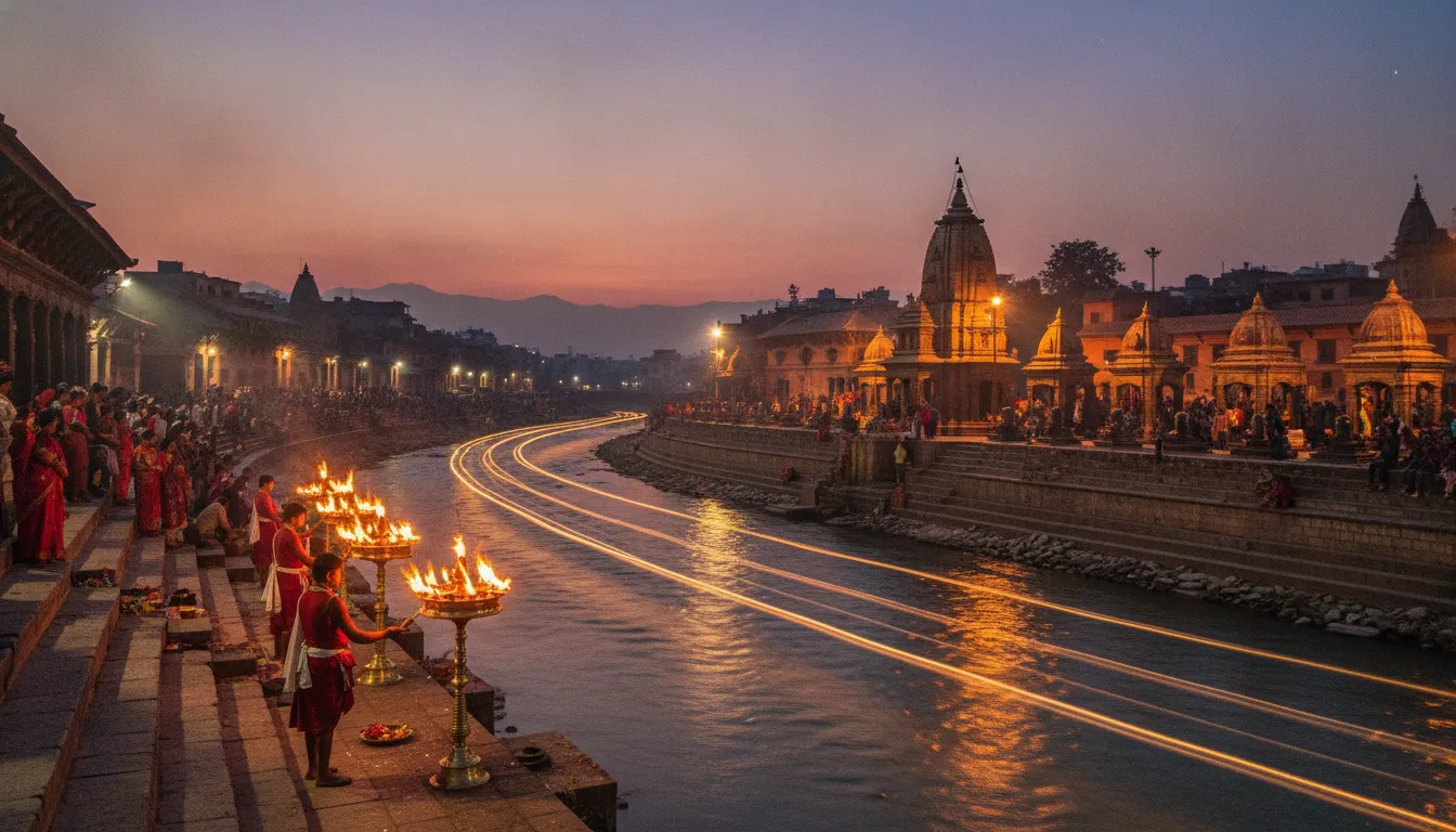 Scenic evening view showcasing the spiritual ambiance and images of shivling at pashupatinath temple landscape.