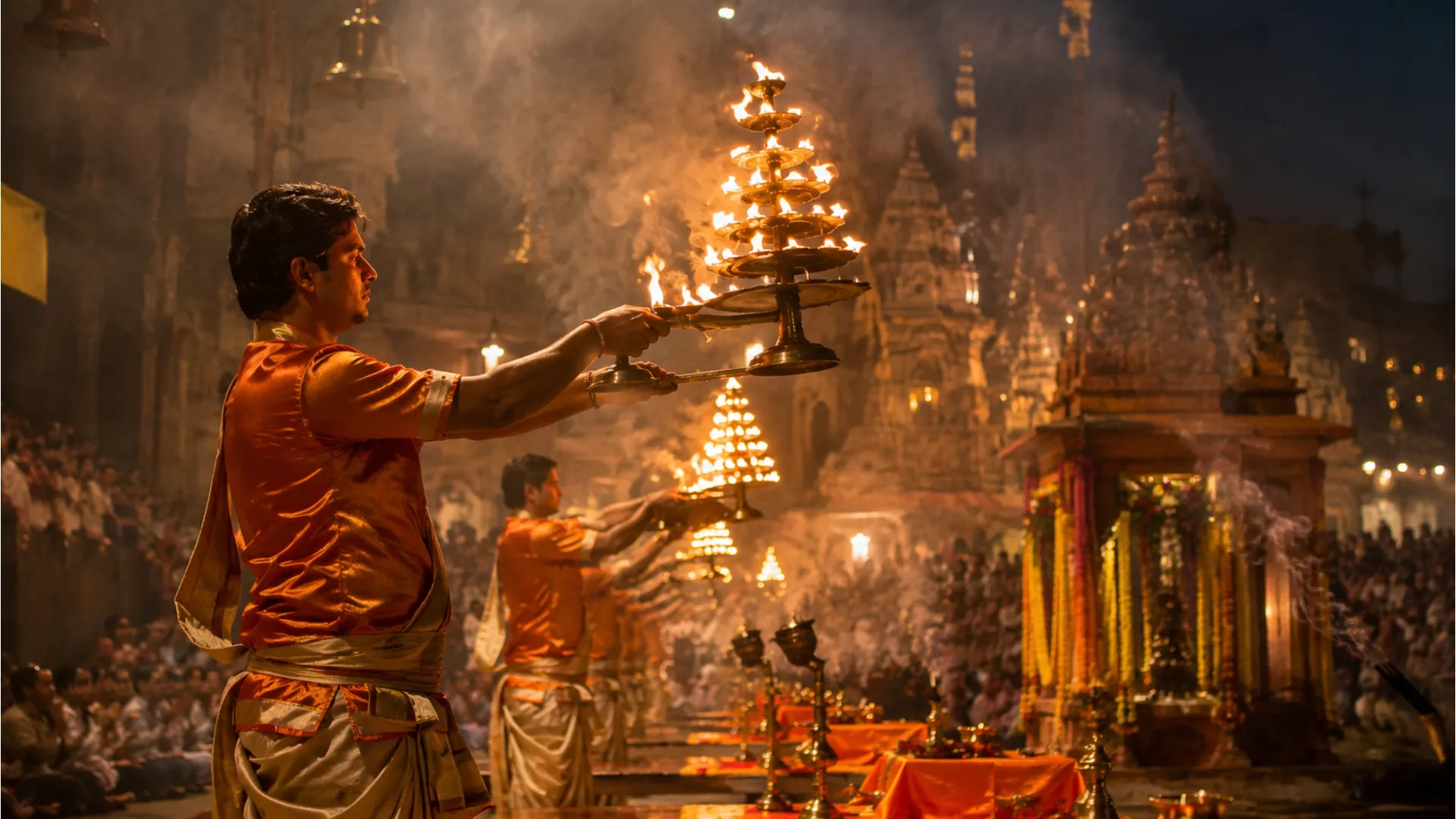 High flame brass lamps during majestic evening Maha Aarti at Deoghar Shivling temple.