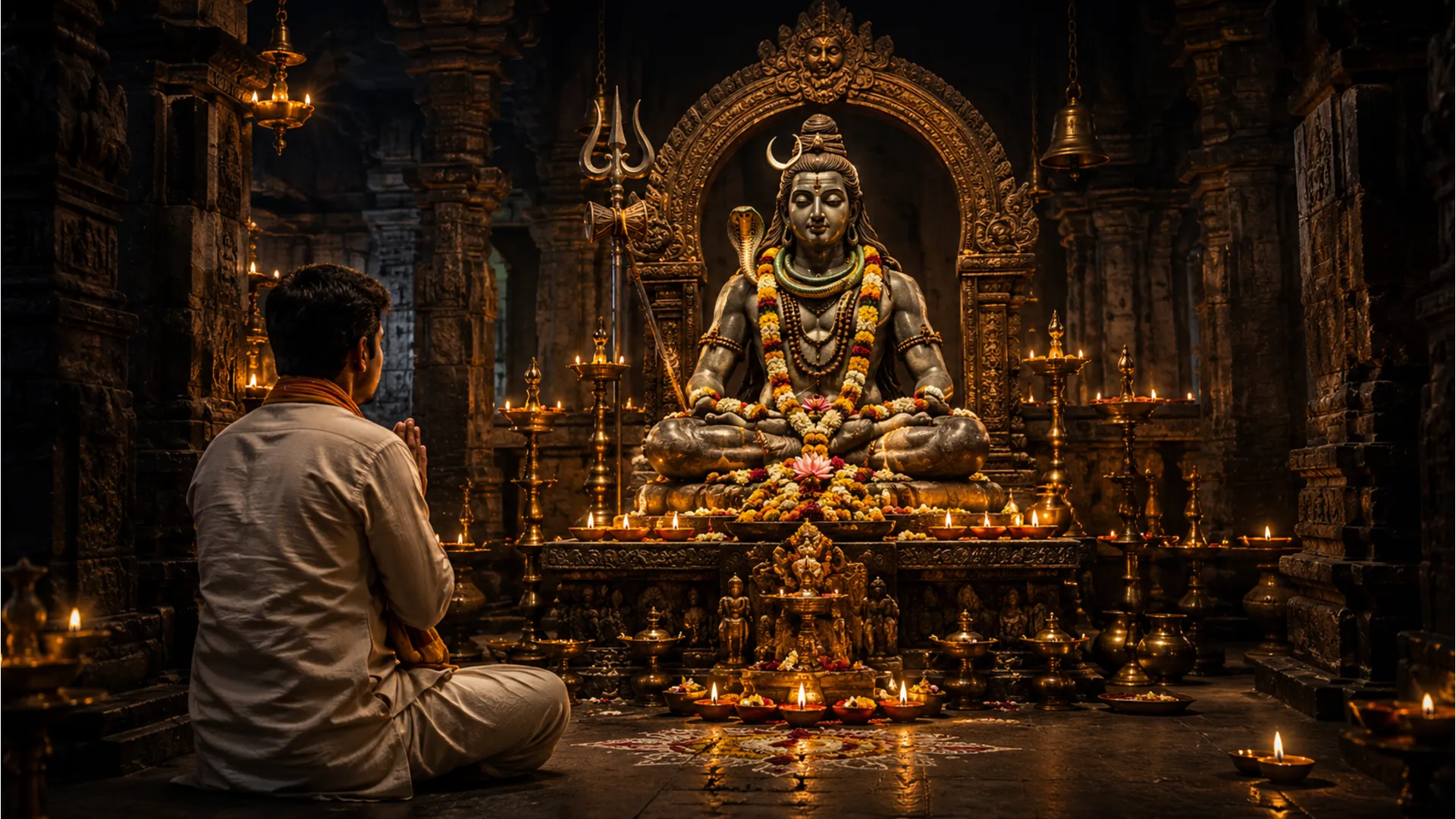 Devotees gathered around a glowing Shiva idol inside a temple during evening prayers