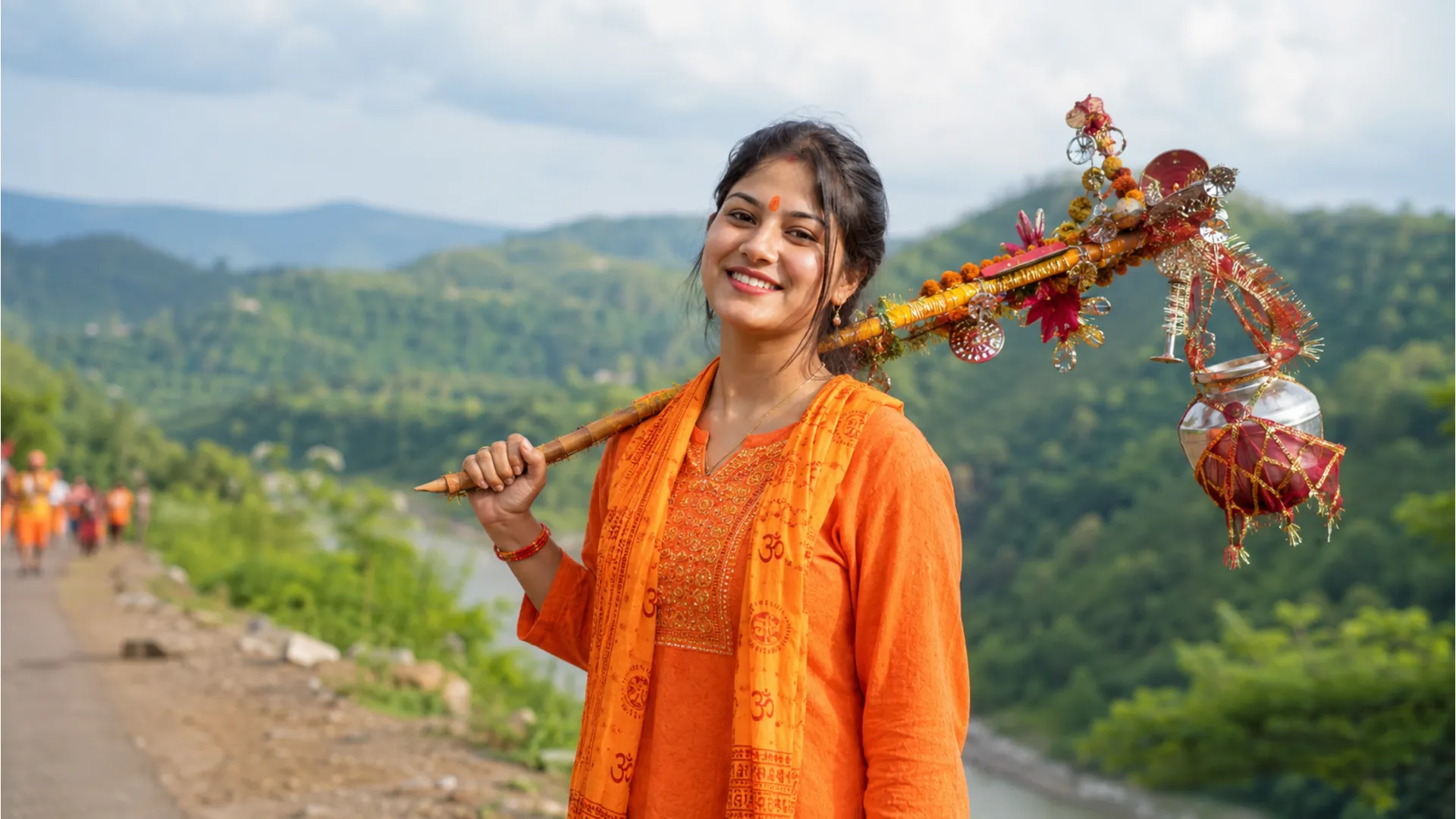 Muskurati hui khatoon Shiv bhakt apnay Kanwar ke sath.