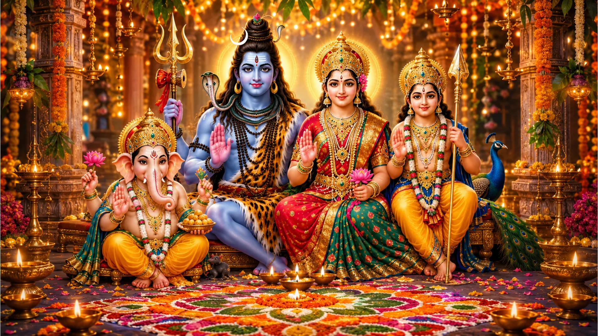 Festive traditional illustration of Shiva family decorated for auspicious celebrations