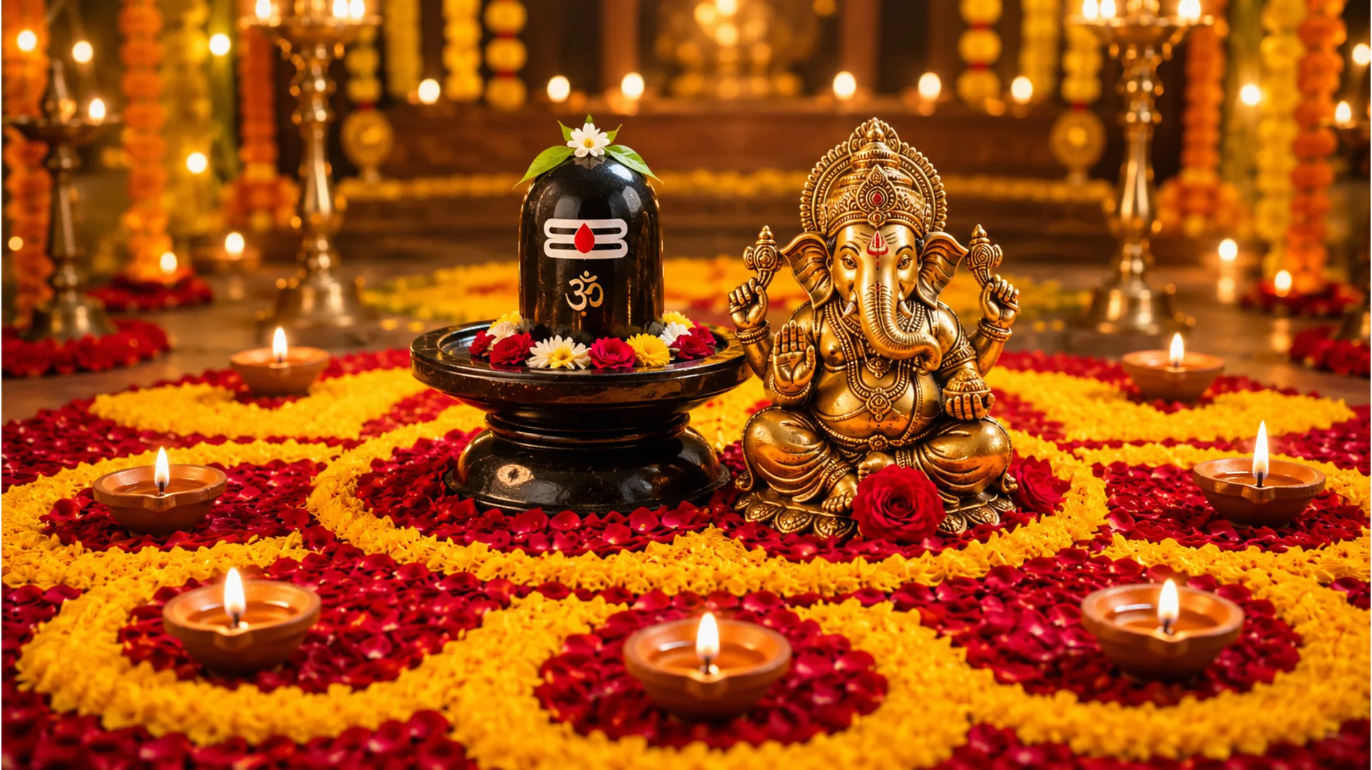 Colorful flower petal rangoli design surrounding a central Shivling and Ganesha idol