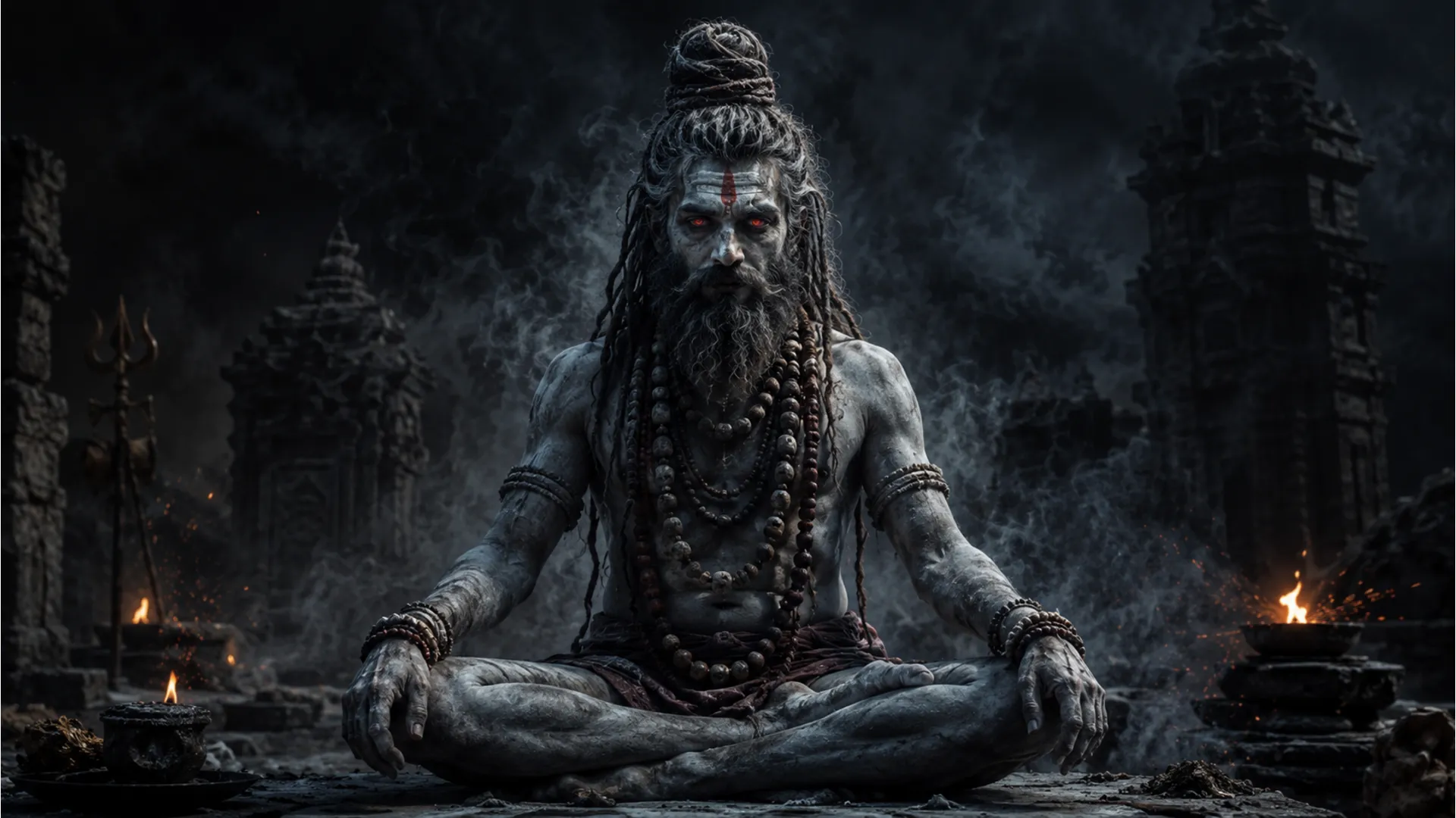 Dark and mysterious Aghori Shiva avatar meditating surrounded by sacred ash and smoke.