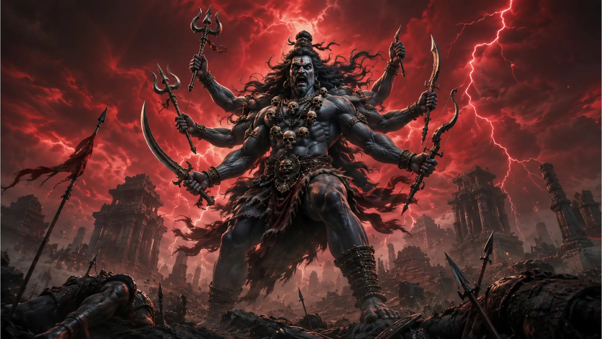 Dynamic and powerful image of Lord Shiva in his multi-armed Virabhadra warrior form, from "har har mahadev new photos hd."