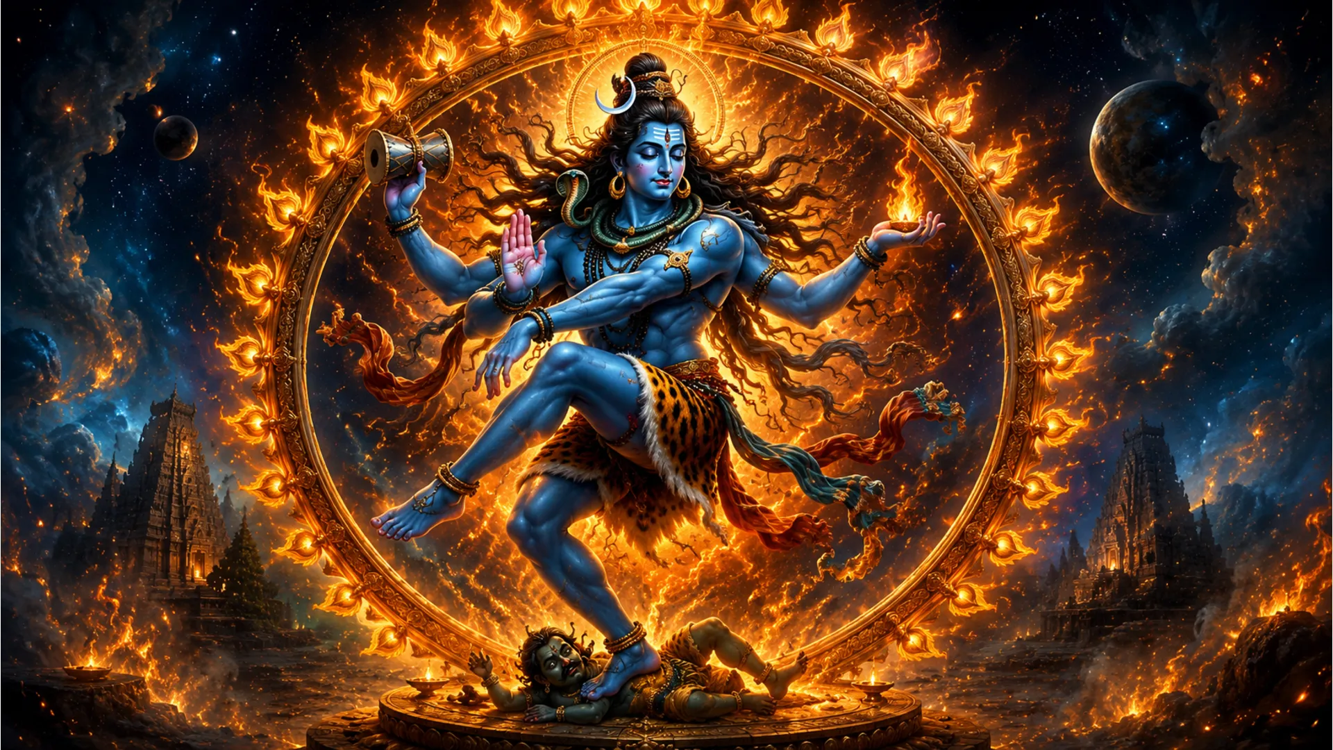 An image of Lord Shiva in his Nataraja form, performing the vigorous Tandava dance within a circle of fire.