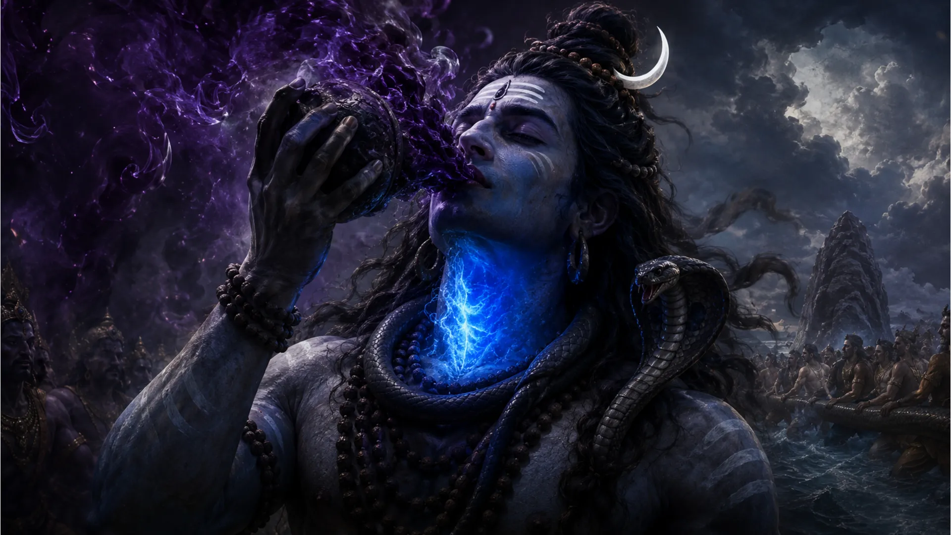 Lord Shiva with a glowing blue throat drinking the cosmic poison Halahala in a dramatic scene.