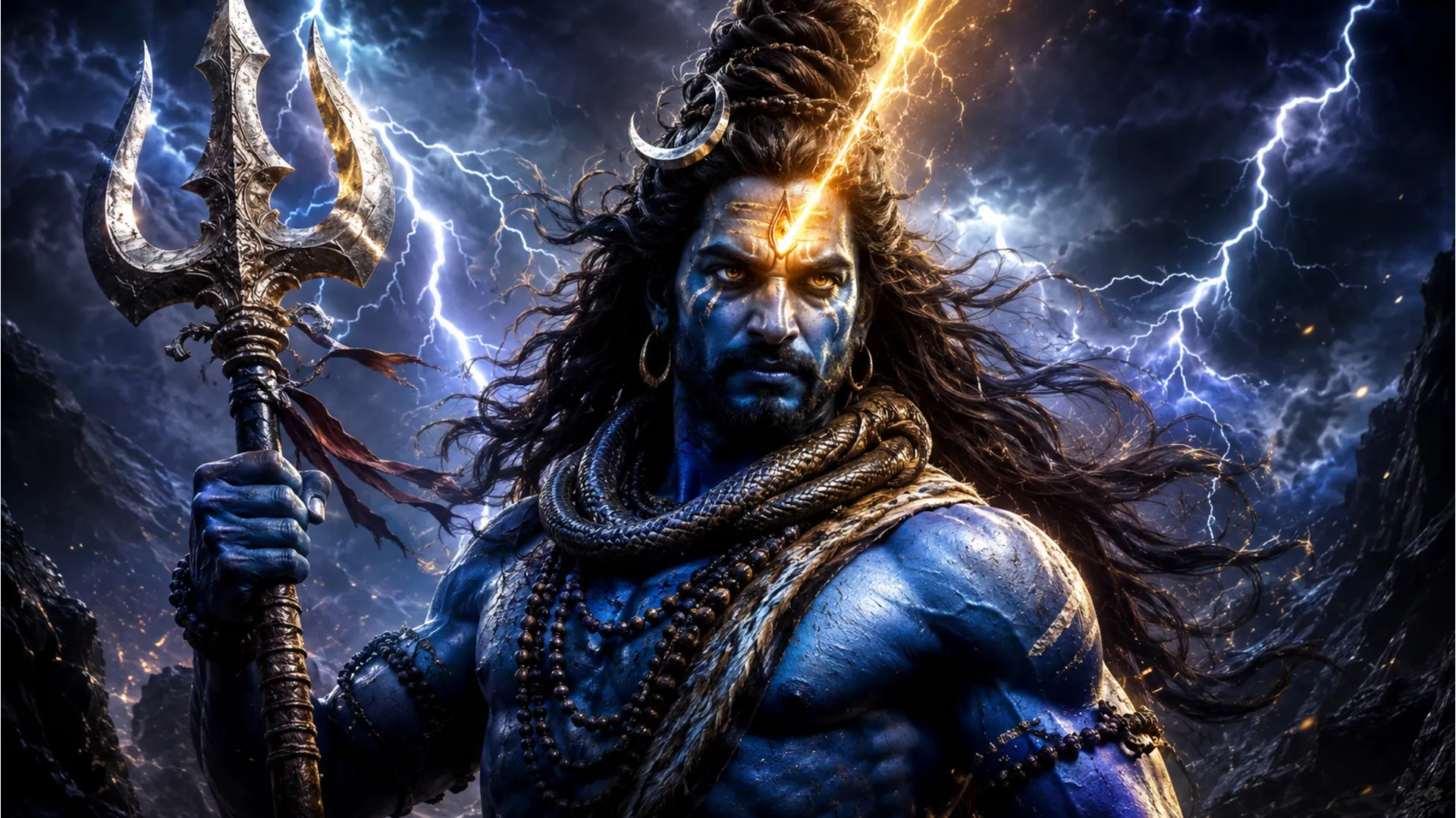 Intense and powerful Rudra avatar of Lord Shiva with lightning and dark clouds