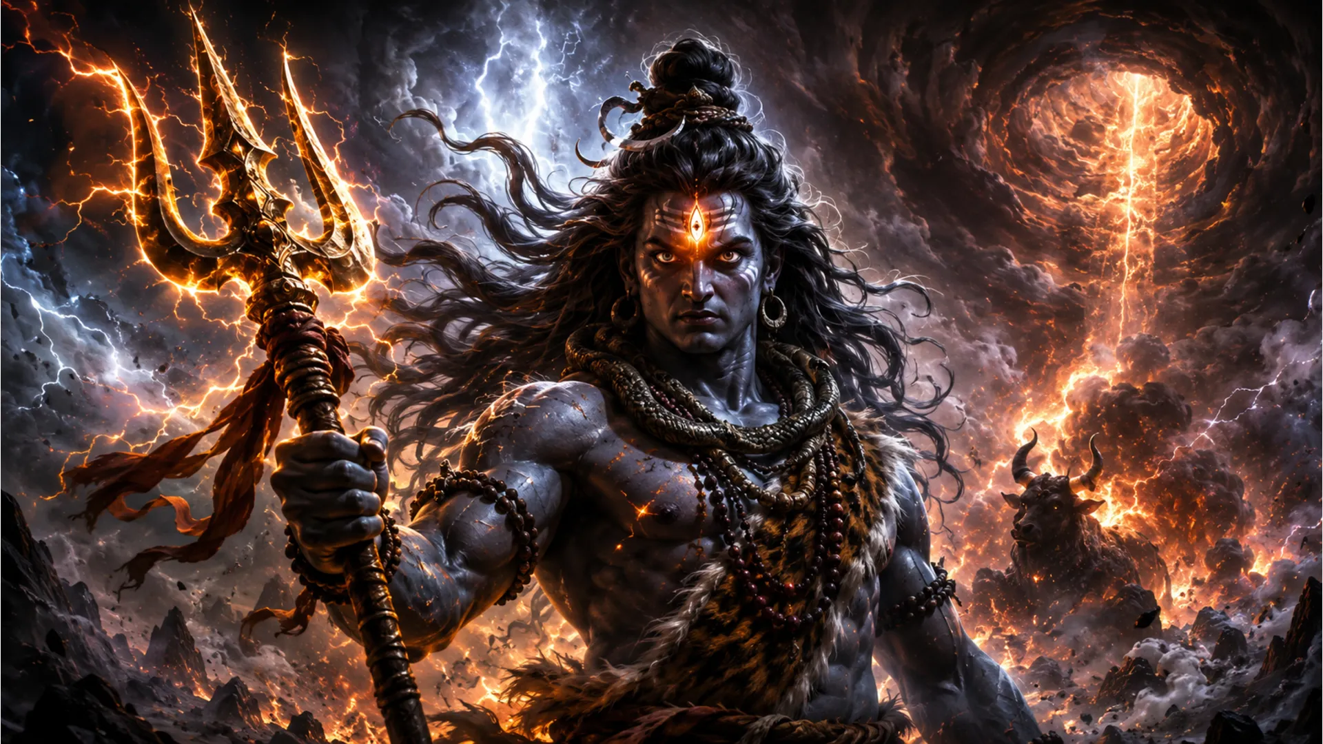 Lord Shiva in his angry and powerful Rudra avatar with open third eye.