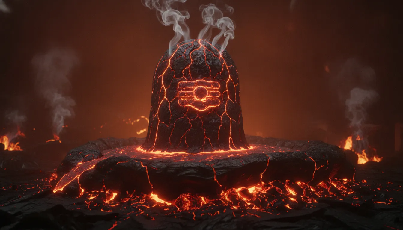 Glowing molten lava forming a majestic Shivling symbolizing the Agni element.