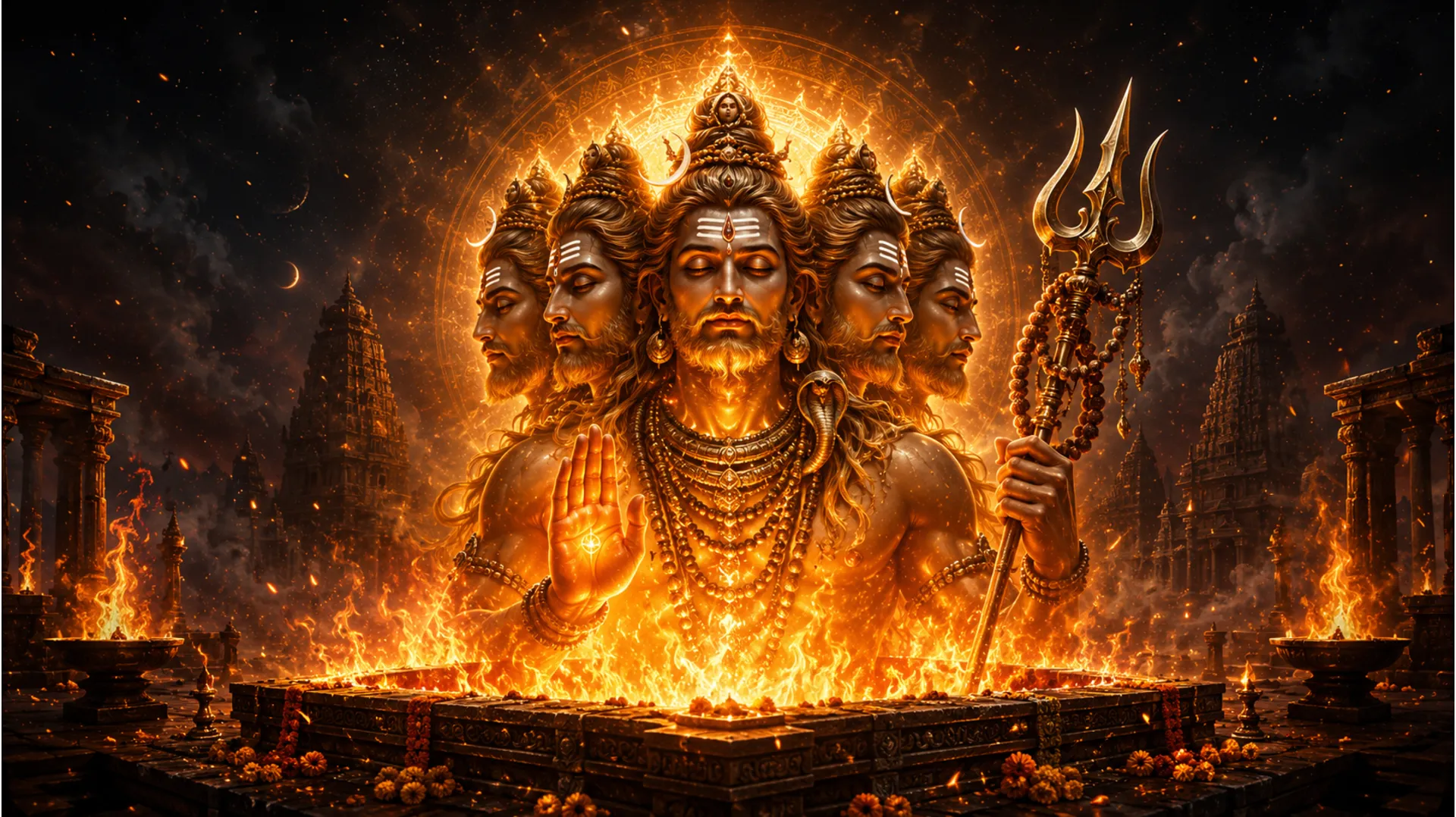 Five-headed SadaShiva appearing from orange and golden ritual fire flames